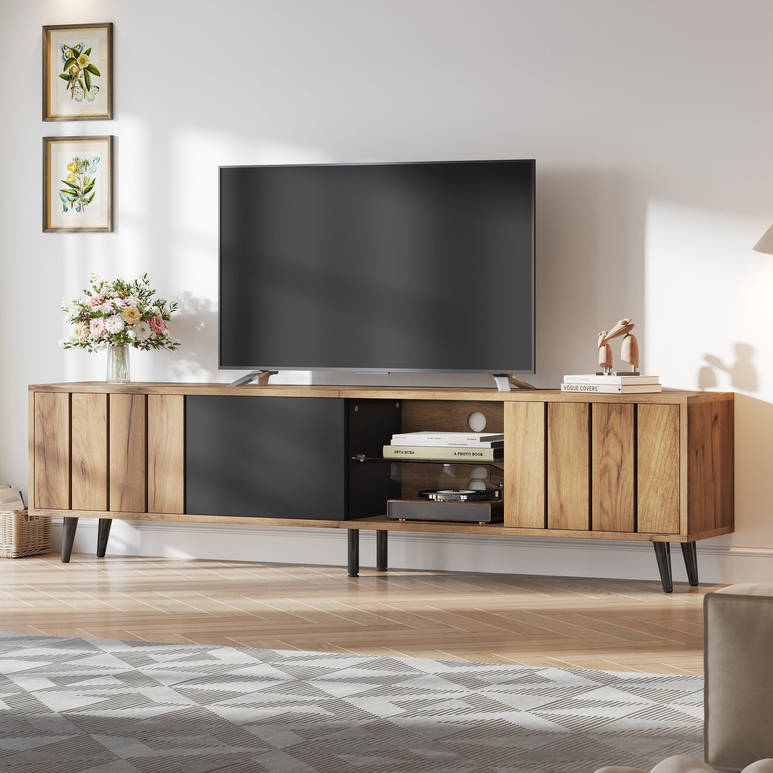 Lowboard TV Cabinet 175x31.5x45cm for 75-inch TVs with 3 Cabinets Wood Black