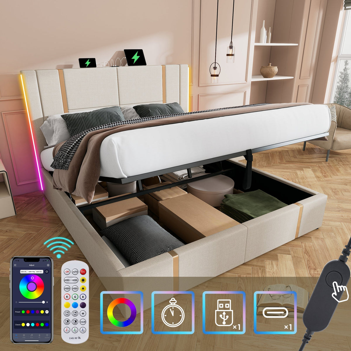 Upholstered Double Bed, 140x200 LED USB-C Storage, Beige Linen