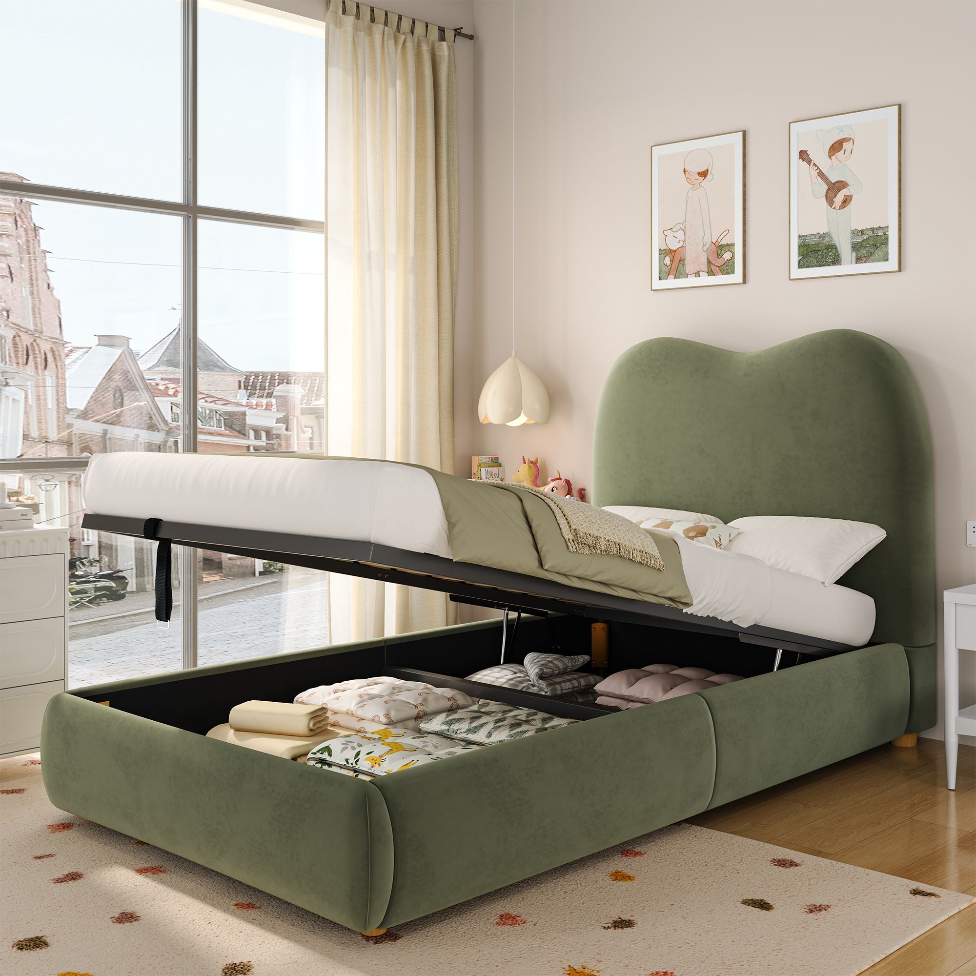 Upholstered Bed 90x200cm, Hydraulic Storage, Headboard & Slatted Frame, Velvet Green