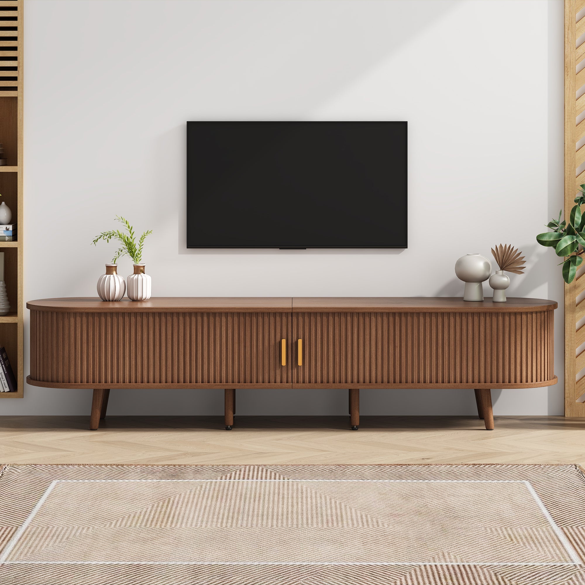 TV Cabinet 175cm Storage 2 Drawers Telescopic Doors, Walnut MDF