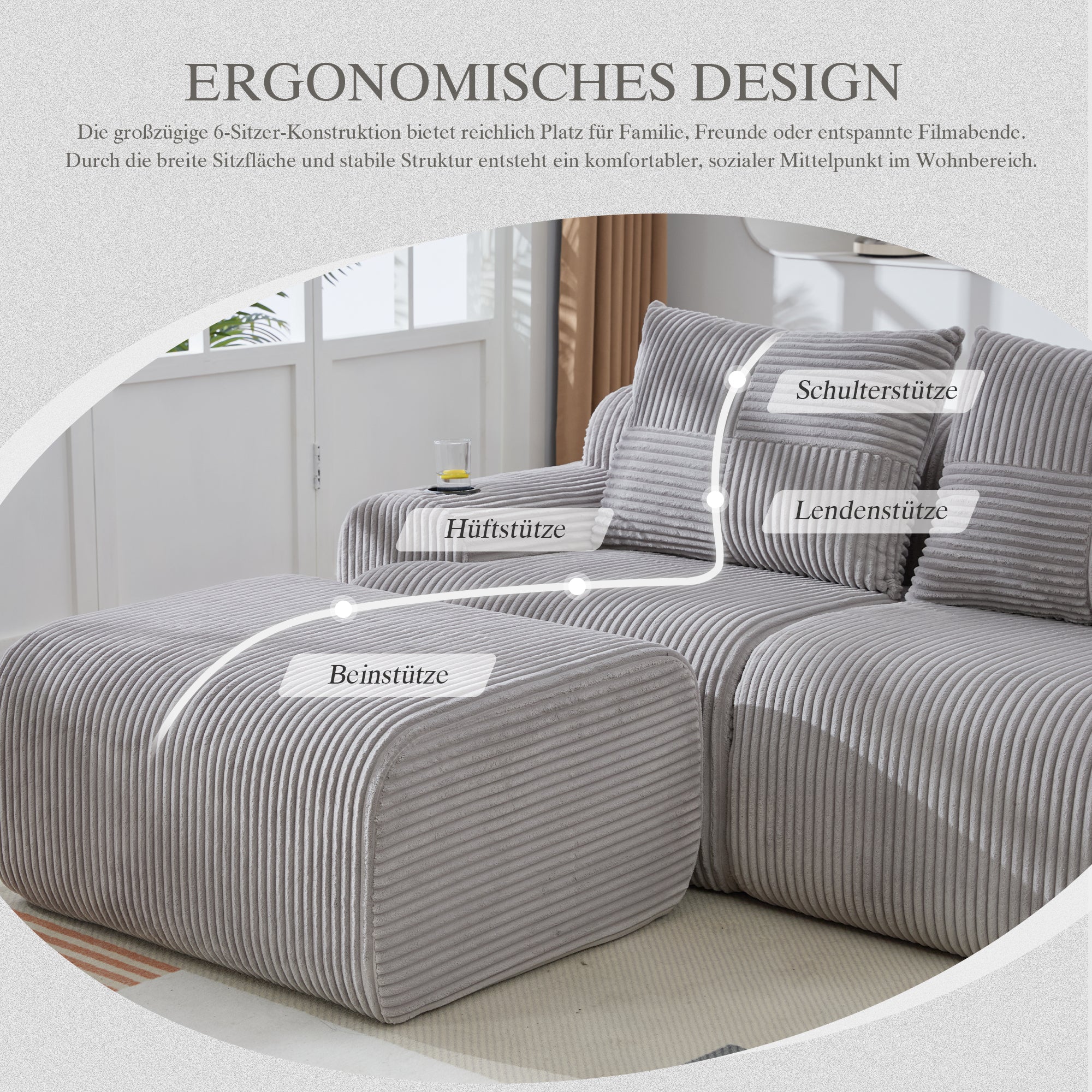 3-Seater Modular Corduroy Sofa with Ottomans, Cup Holders and Storage, Light Grey