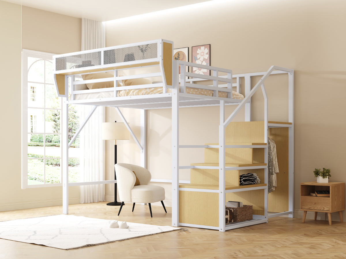 Loft Bed 140x200 Safety Ladder Storage Metal White