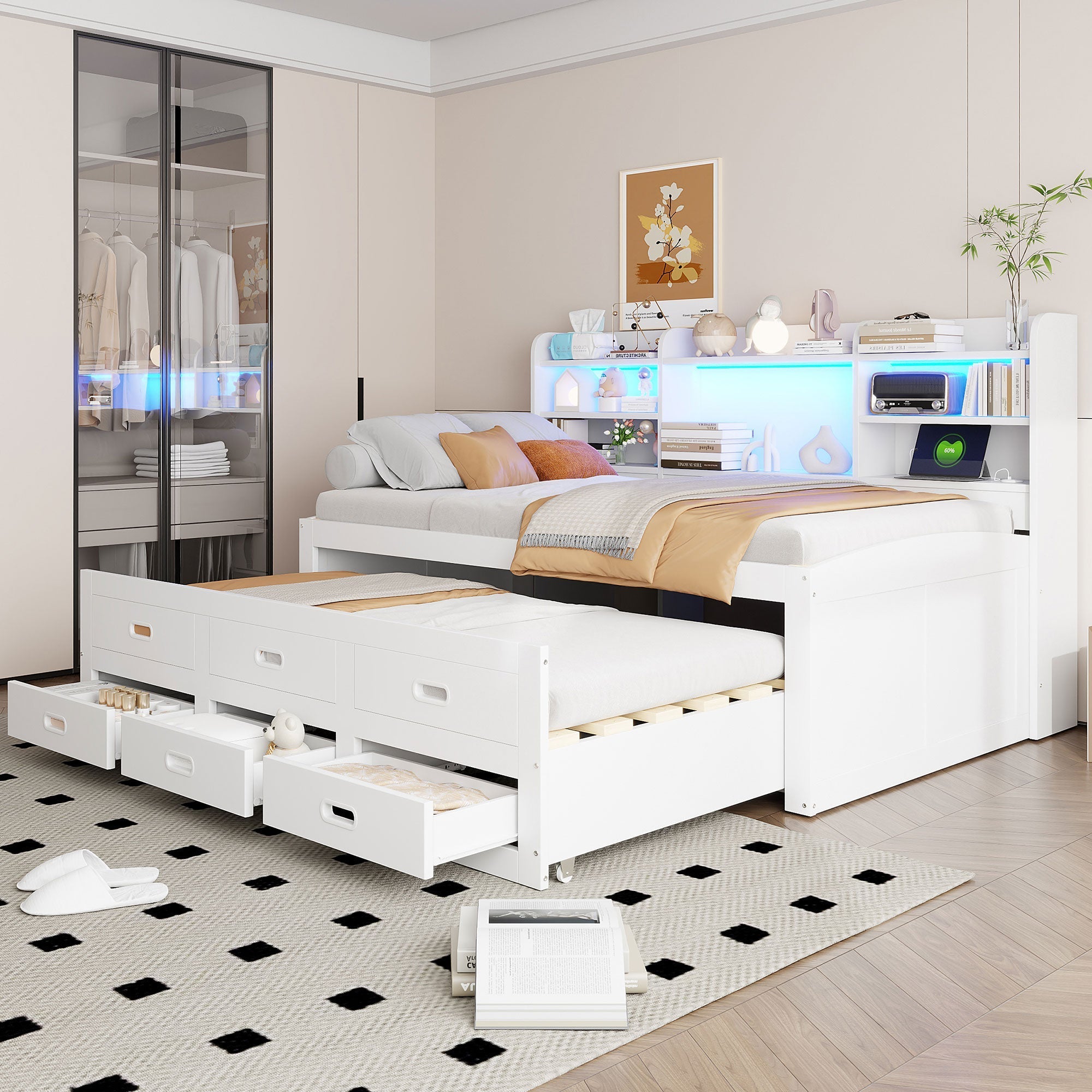 Sofa Bed Daybed 90x200cm Extendable LED 3 Drawers Shelf USB/Type-C - White