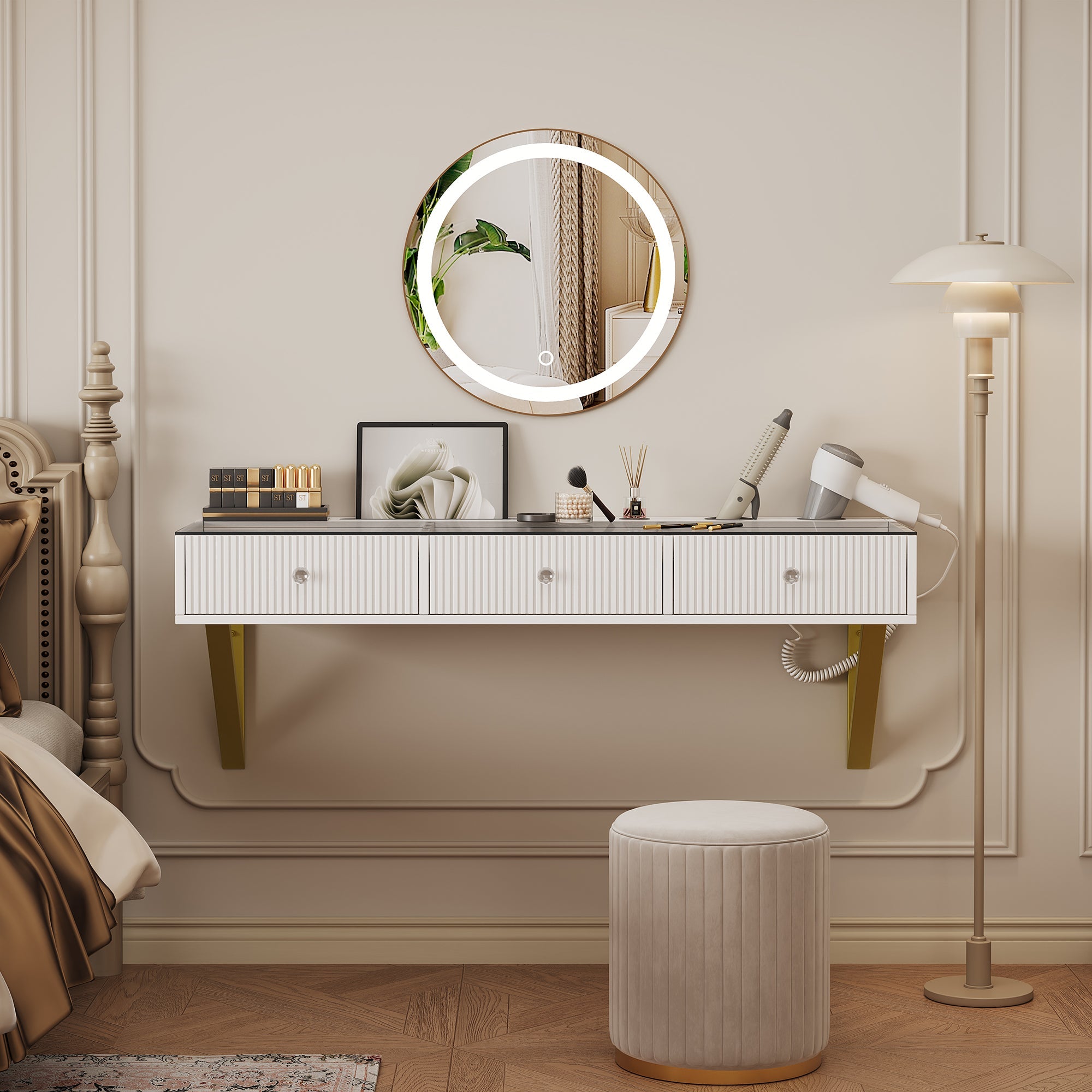 Wall-Mounted Vanity Table with 3 Drawers, Glass Top, Tablet and Cup Holder, White