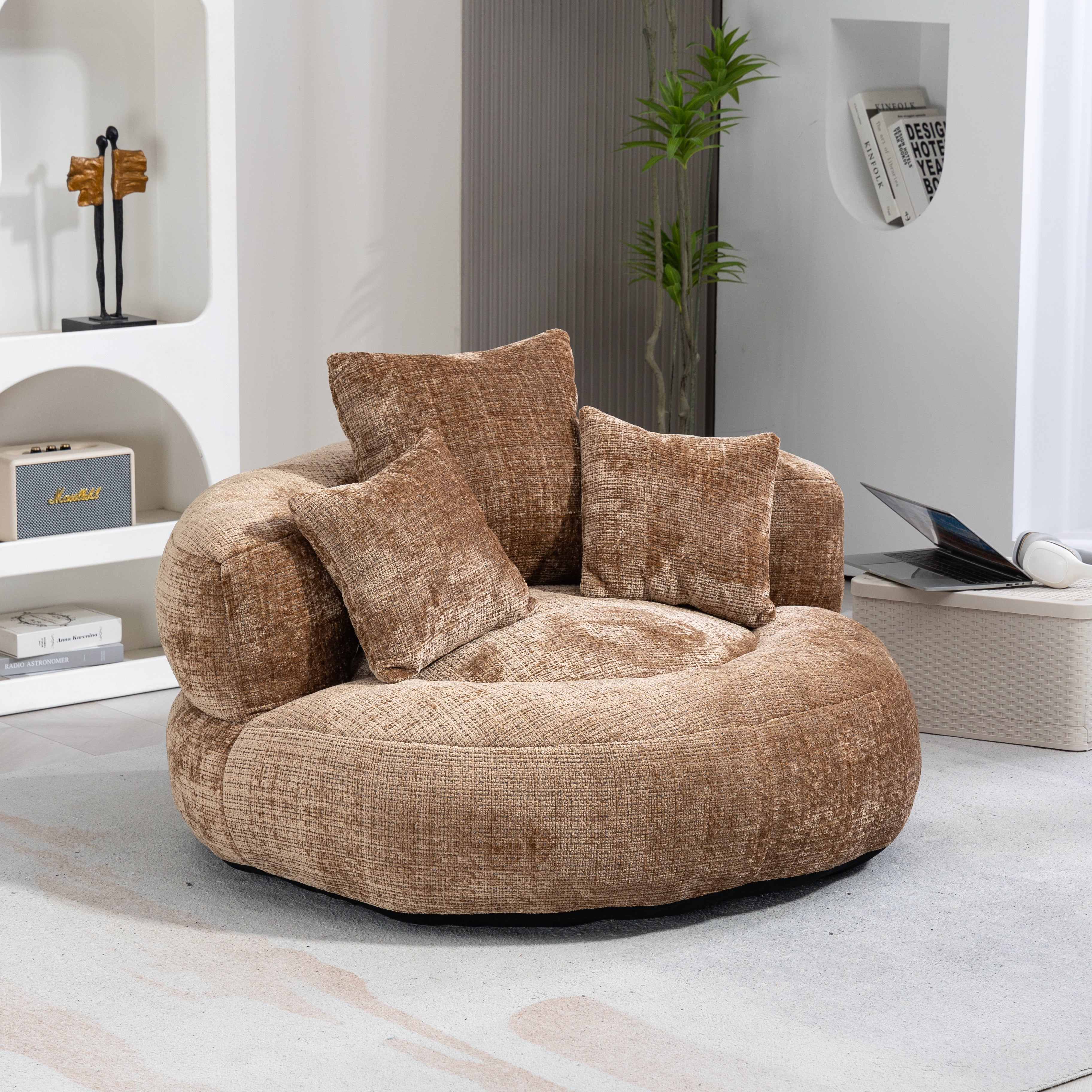Lazy Sofa Durable High Back Bean Bag Chair Couch with Three Cushions, Coffee Chenille