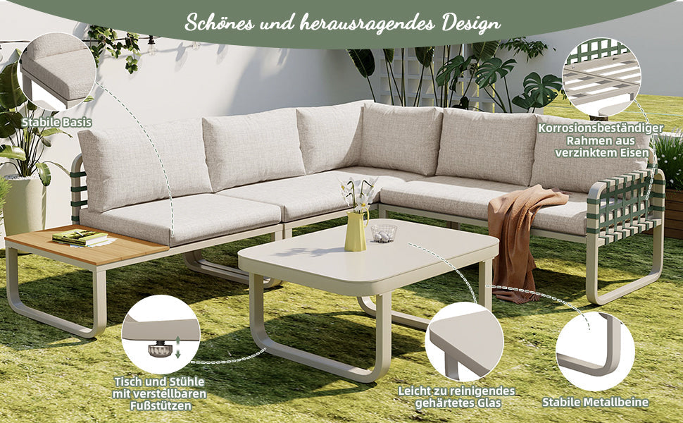 Garden Lounge Set 4-5 Seater Rattan Outdoor Sofa with Cushions - Apricot