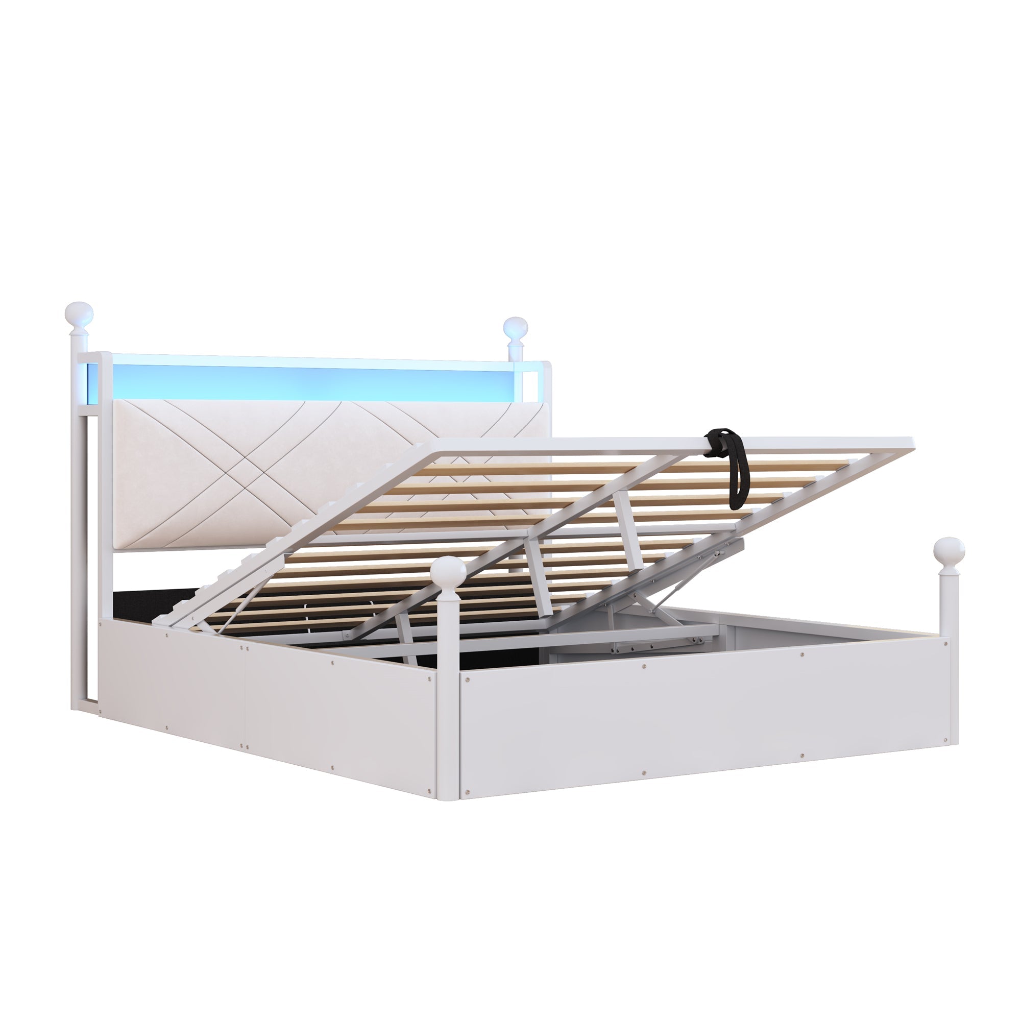 Multifunctional Double Bed with Hydraulic Storage, Canopy, LED and USB, 140x190cm, White Wrought Iron