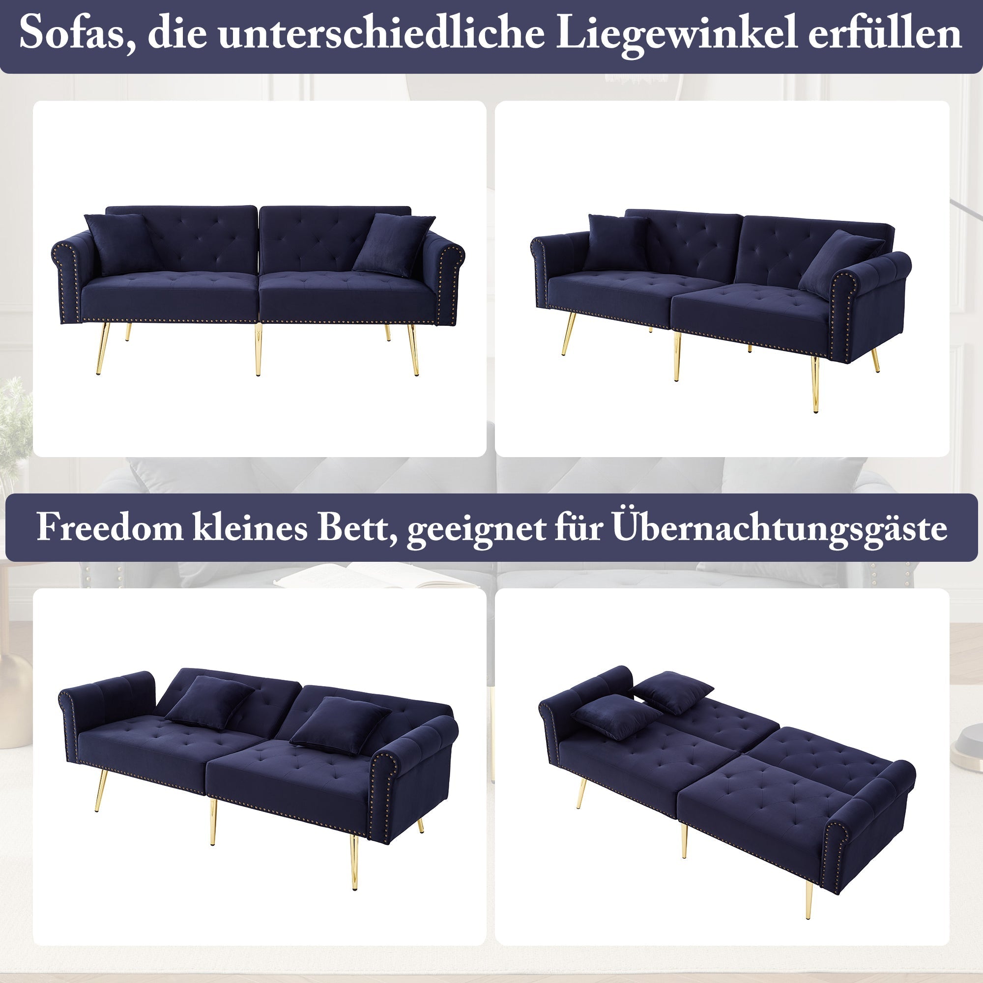 Sofa Bed, Modern 2-Seater, 3-Level Adjustable Backrest, Velvet
