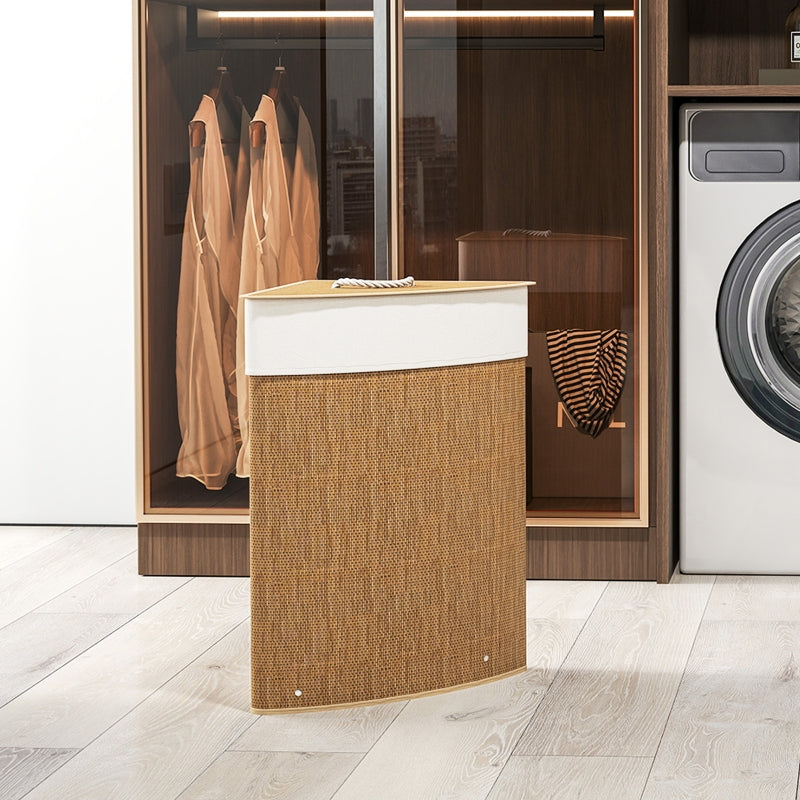 Bamboo Laundry Basket, 55 L, Corner, Removable Bag, Brown