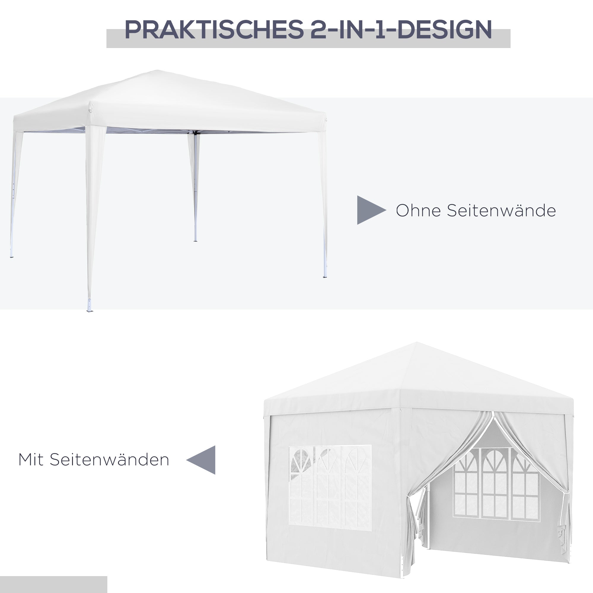 3x3m Pavilion with 4 Side Walls, Windows, UV Protection, Carrying Bag - White Steel & Oxford Fabric