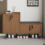 Modern shoe bench with wood grain, shoe cabinet, four storage doors, asymmetrical metal handles