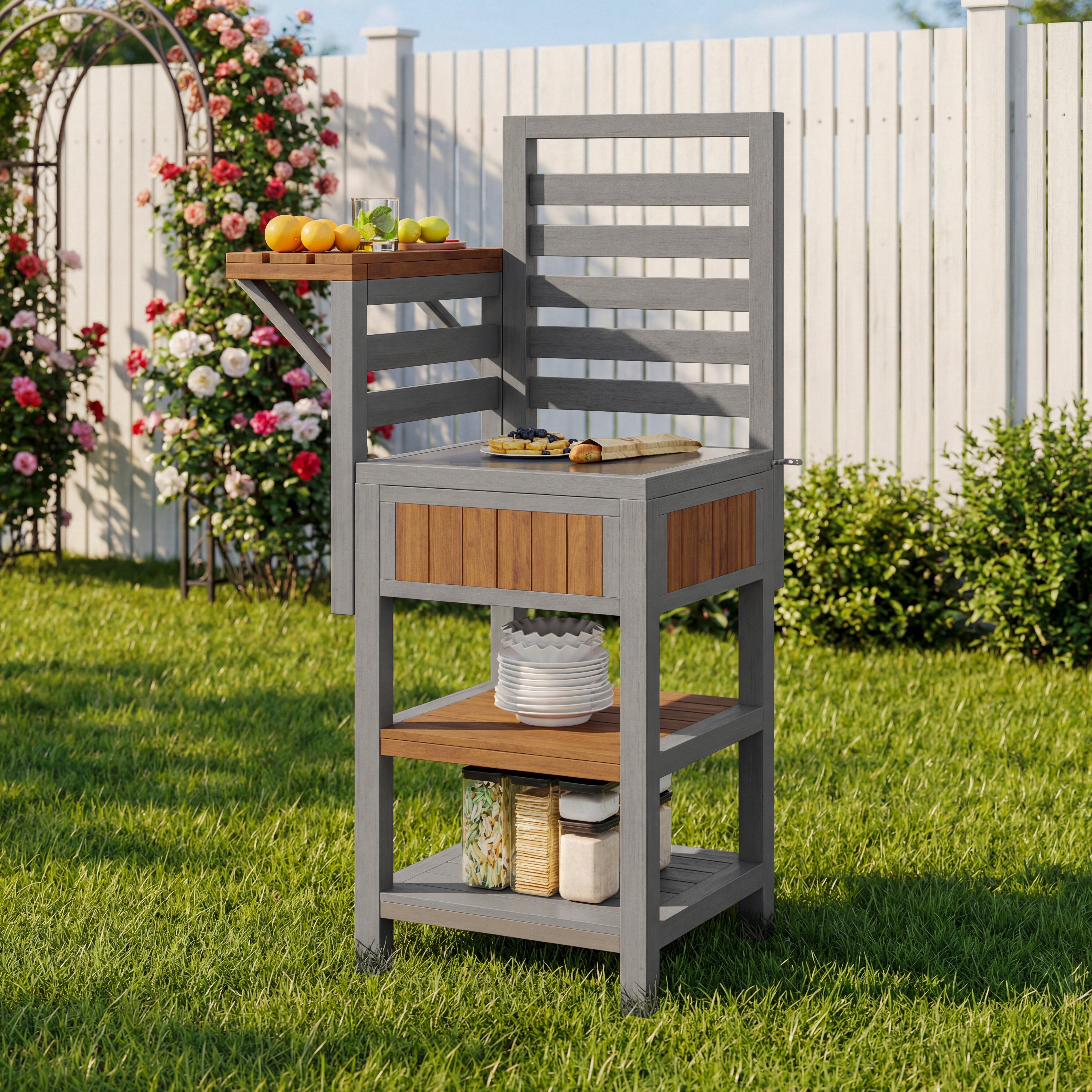 Outdoor Garden Cabinet with Stainless Steel Worktop and Double Shelf, Weatherproof Wood