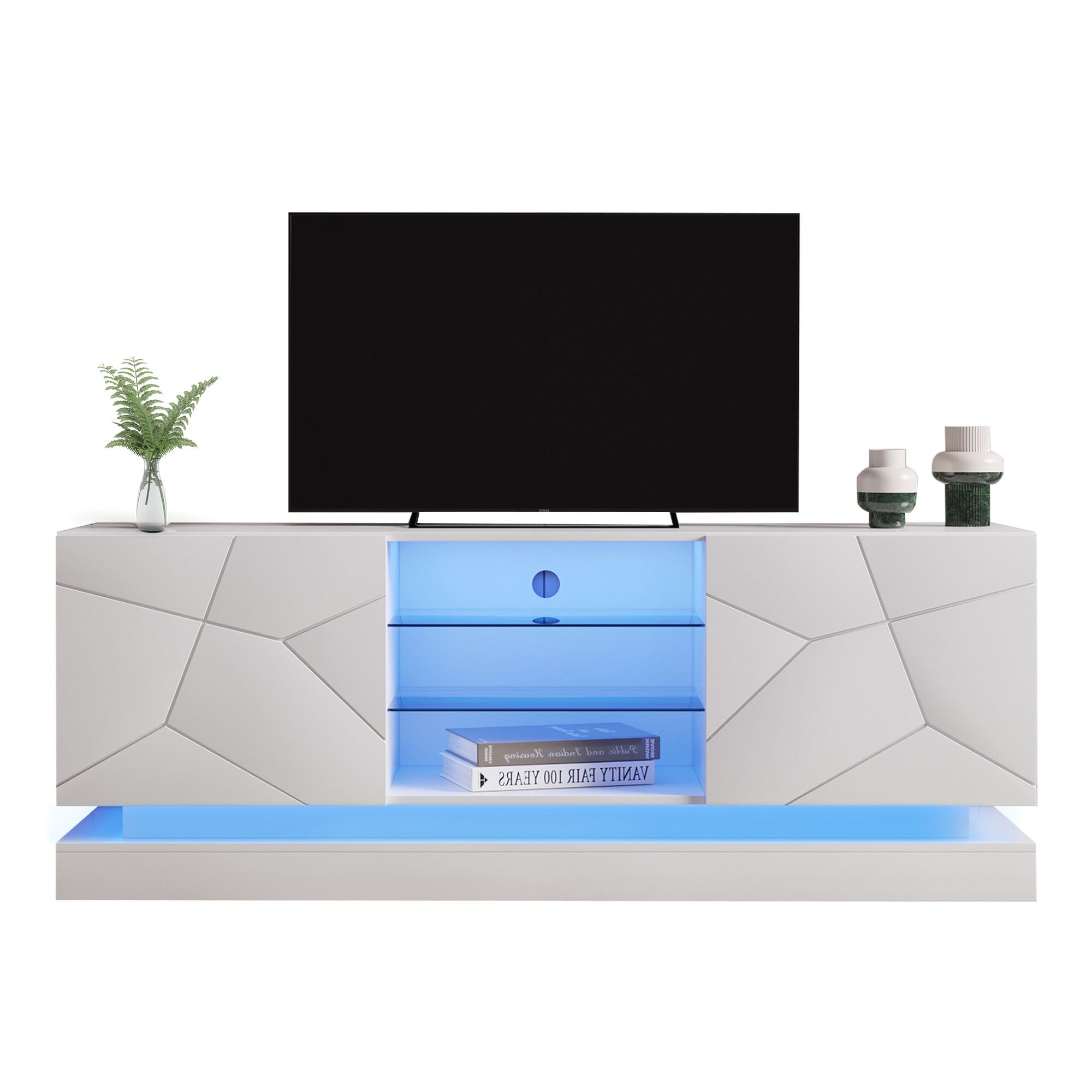 TV Cabinet Stand Unit, LED Modern Entertainment Center for 70" TV, High Gloss
