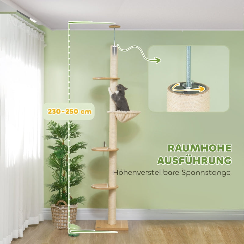 Katzenbaum, deckenhohe Sisalseile, Holzwerkstoff, Eiche+Cremeweiß