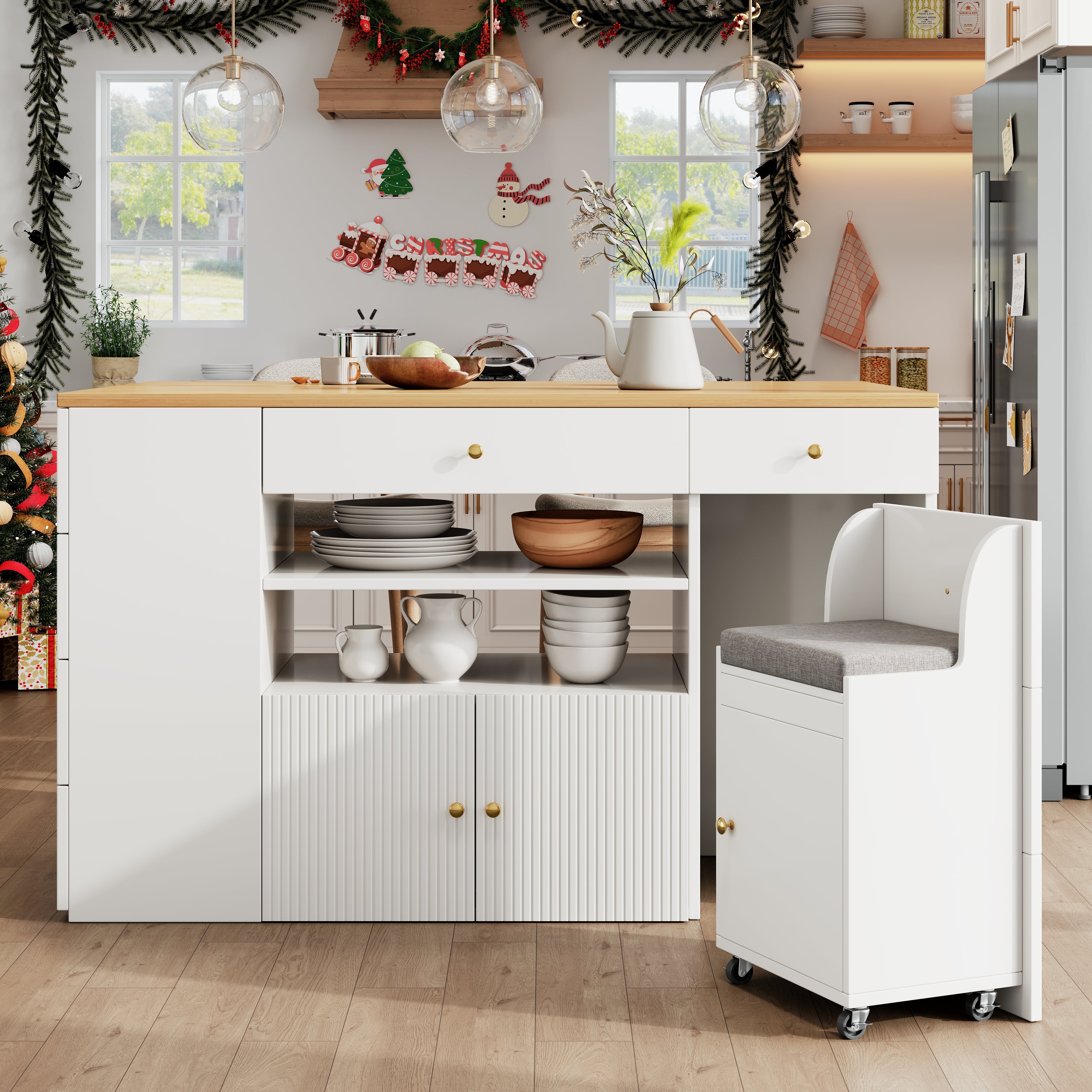 Kitchen Island Sideboard with 6 Drawers and Bar Stools, White and Black