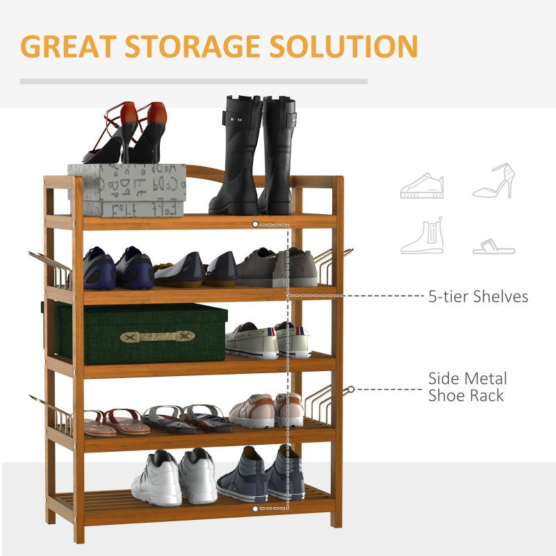 5-Tier Shoe Rack, Storage Organiser with Hangers for 24 Pairs, Teak Acacia Wooden