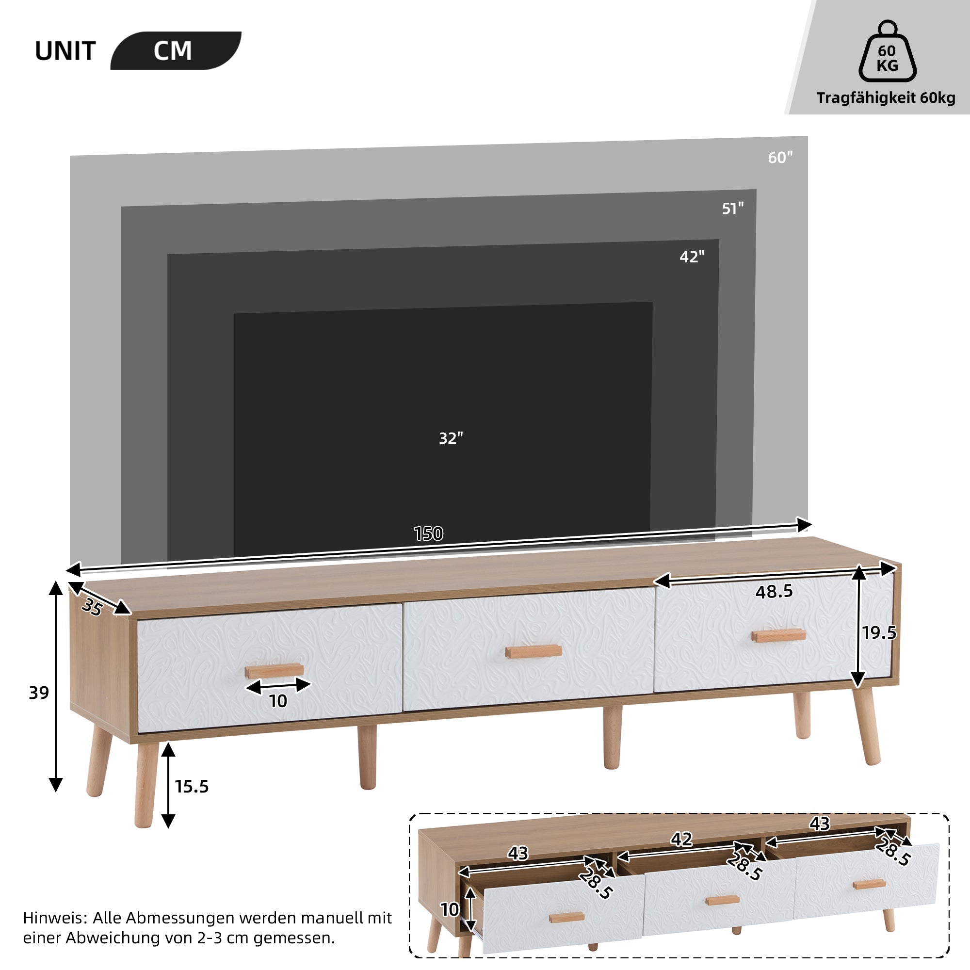 Vintage TV Low Panel Wooden Cabinet/Table 150*35*39cm, Light Wood/White