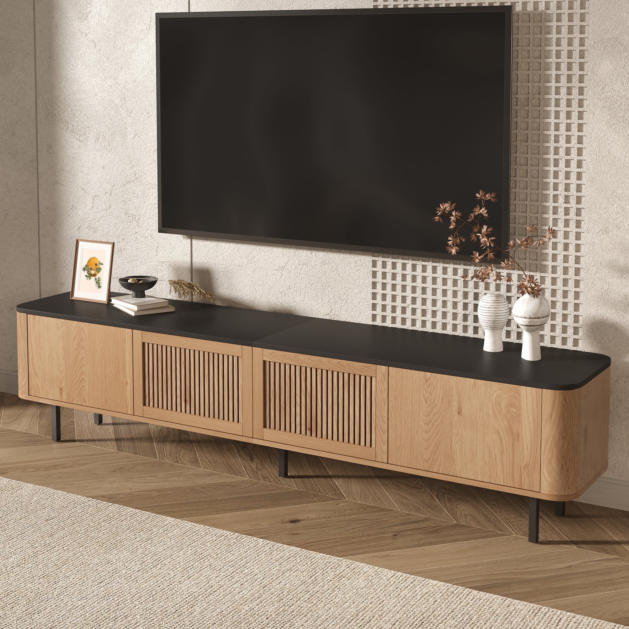 Modern TV Cabinet with Mesh Doors and Storage Compartments, Black and Oak finish