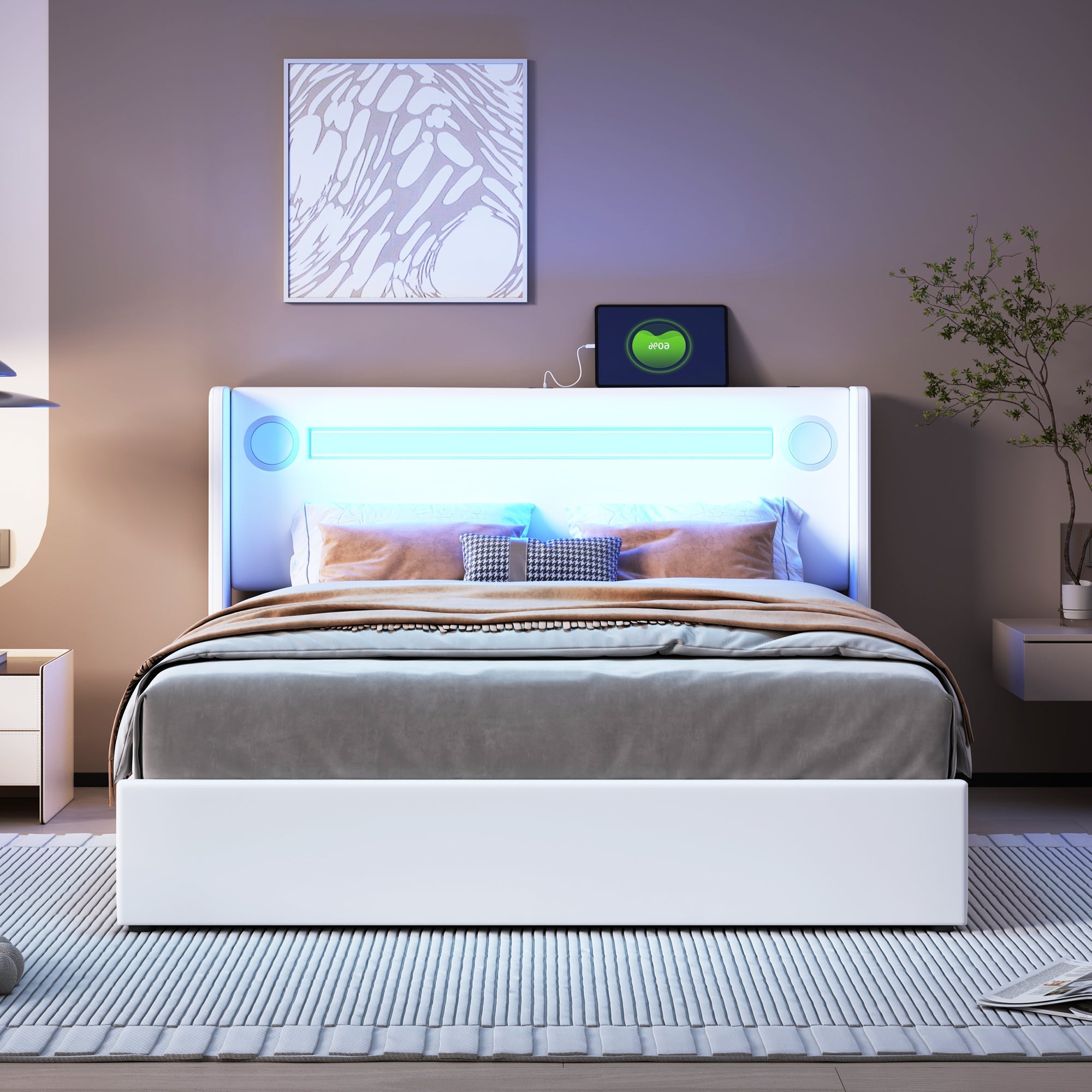 Upholstered Bed 140x200cm, LED & Bluetooth, Storage, White PU Leather