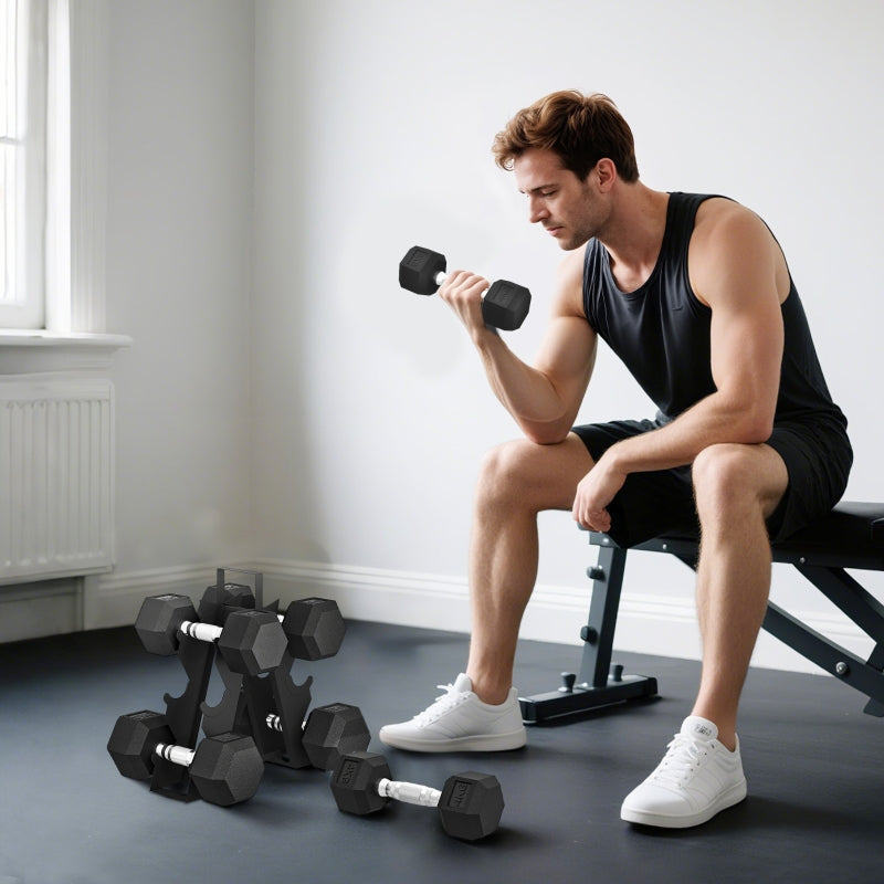 Hex Dumbbell Set with Storage Rack and Handles, Rubber Coated