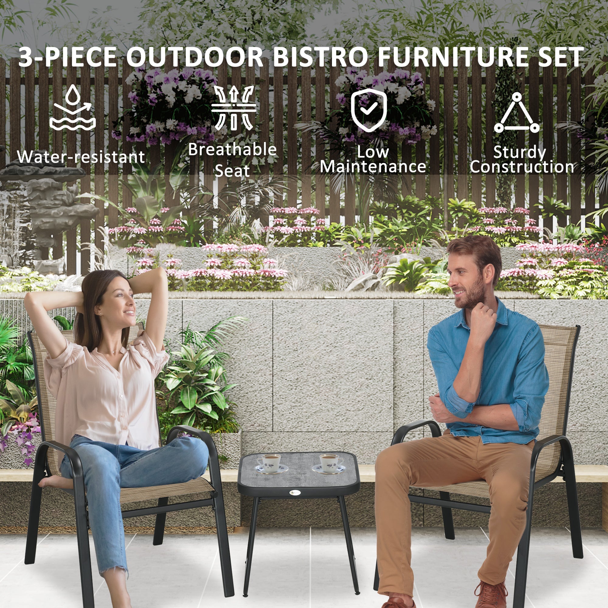 3 Pieces Outdoor Bistro Set, Stackable Armchairs, Mesh Fabric/SPC Table, Brown