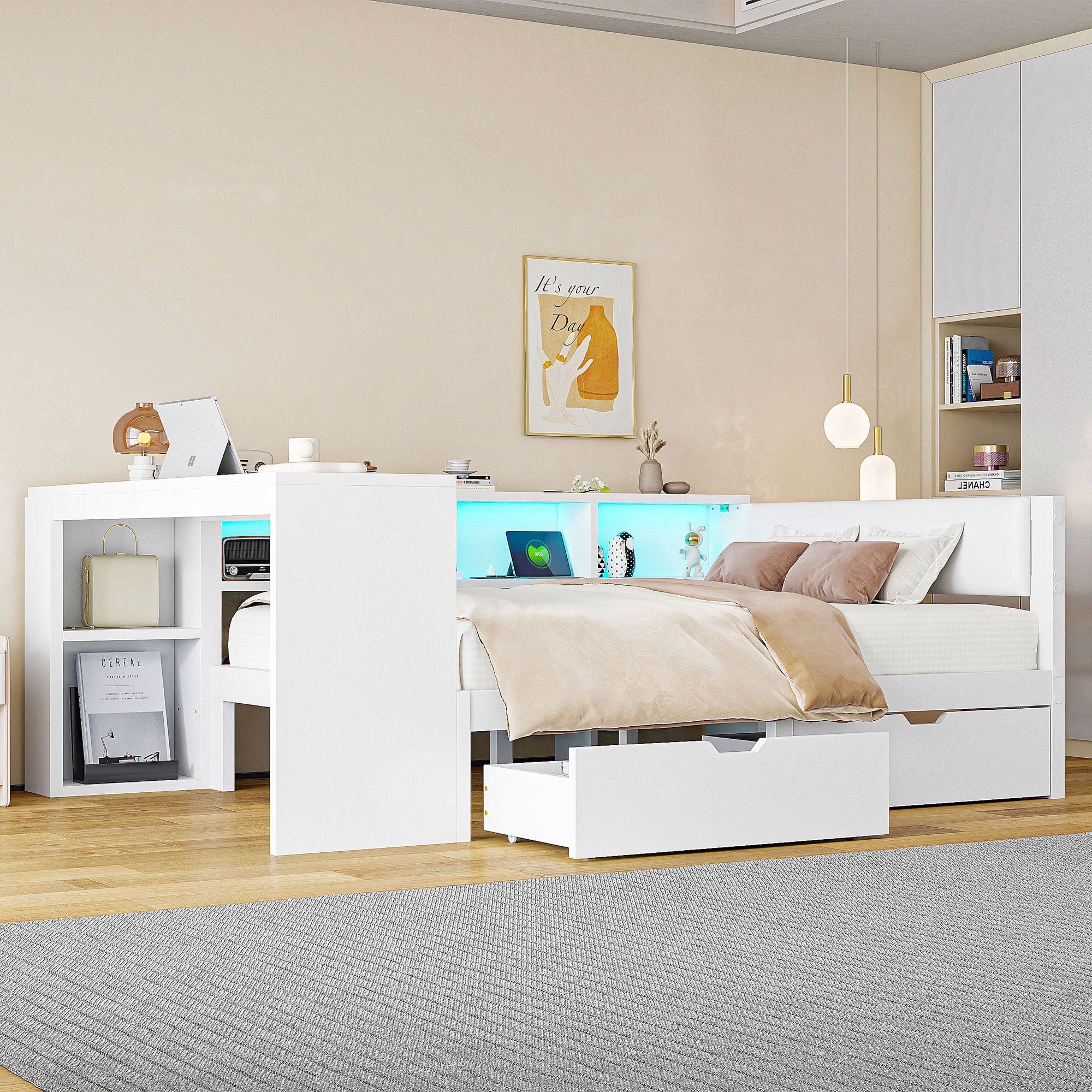 Platform Bed 140x200 Upholstered Headboard Storage Drawers LED Charge Station - White