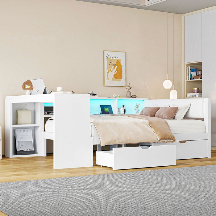 Platform Bed 140x200 Upholstered Headboard Storage Drawers LED Charge Station - White
