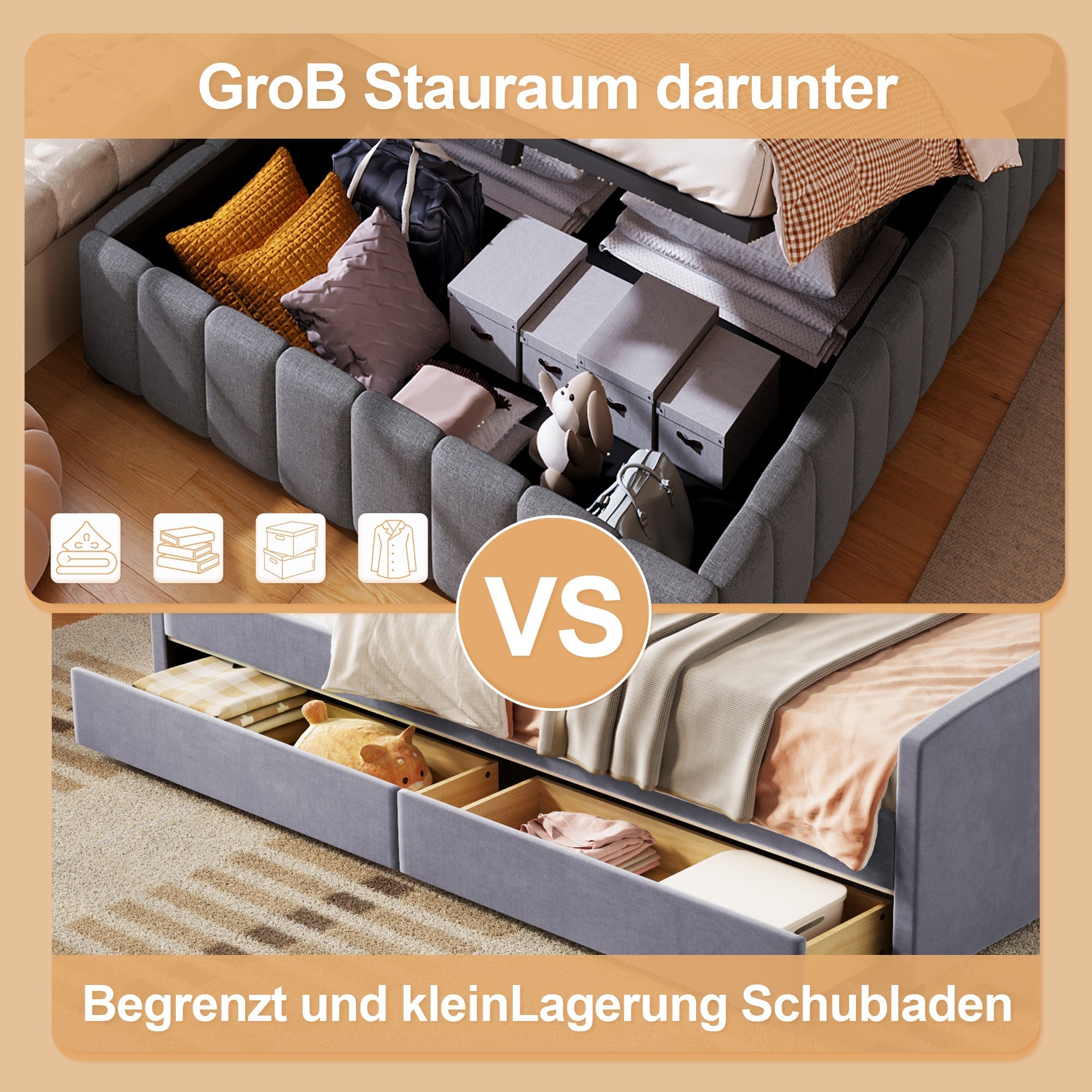 Upholstered Bed with Hydraulic Storage and No Headboard, 140x200cm, Grey Linen