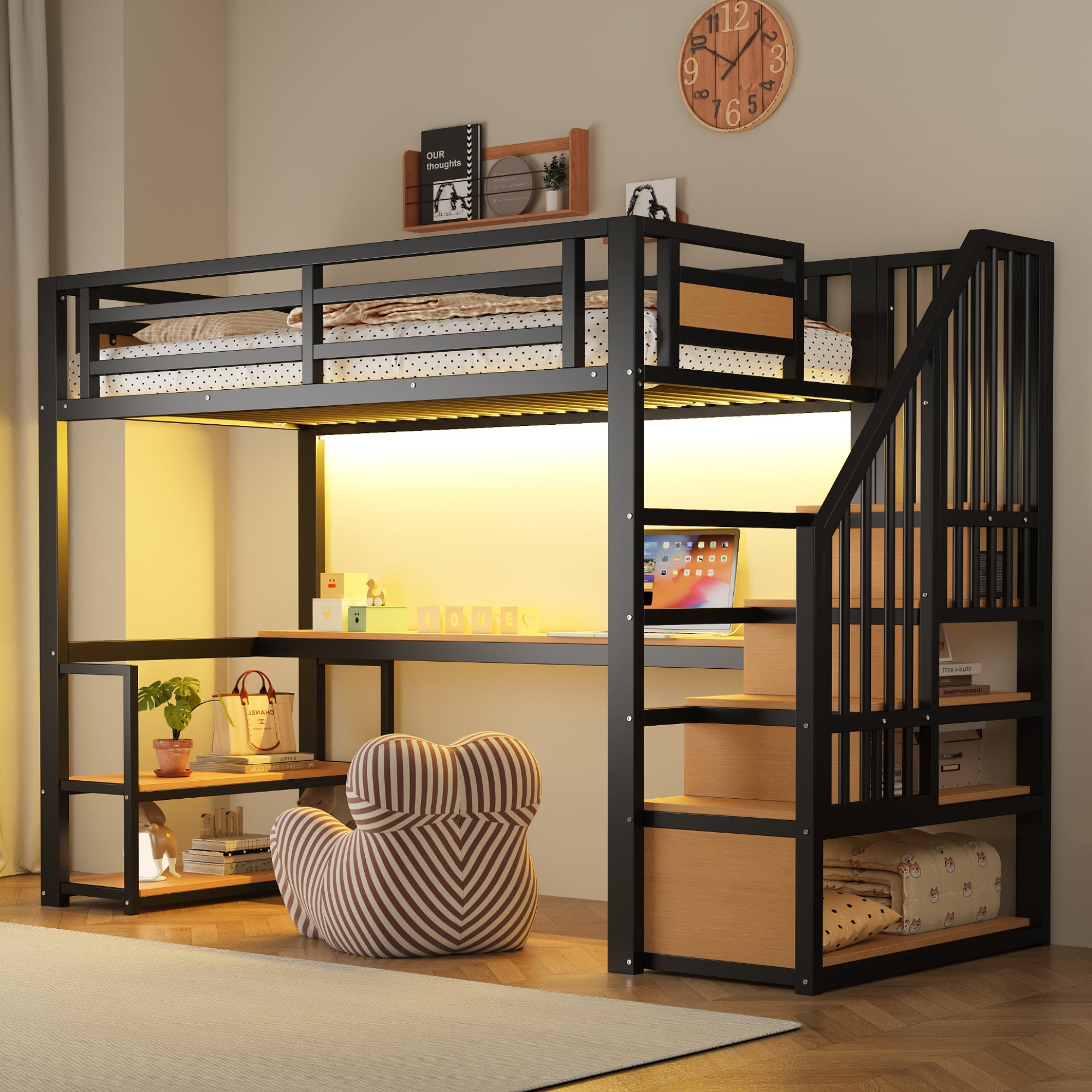 Metal Loft Bed with LED, Socket, Storage Ladder, Shelves and Desk, 90x200cm, Black Metal