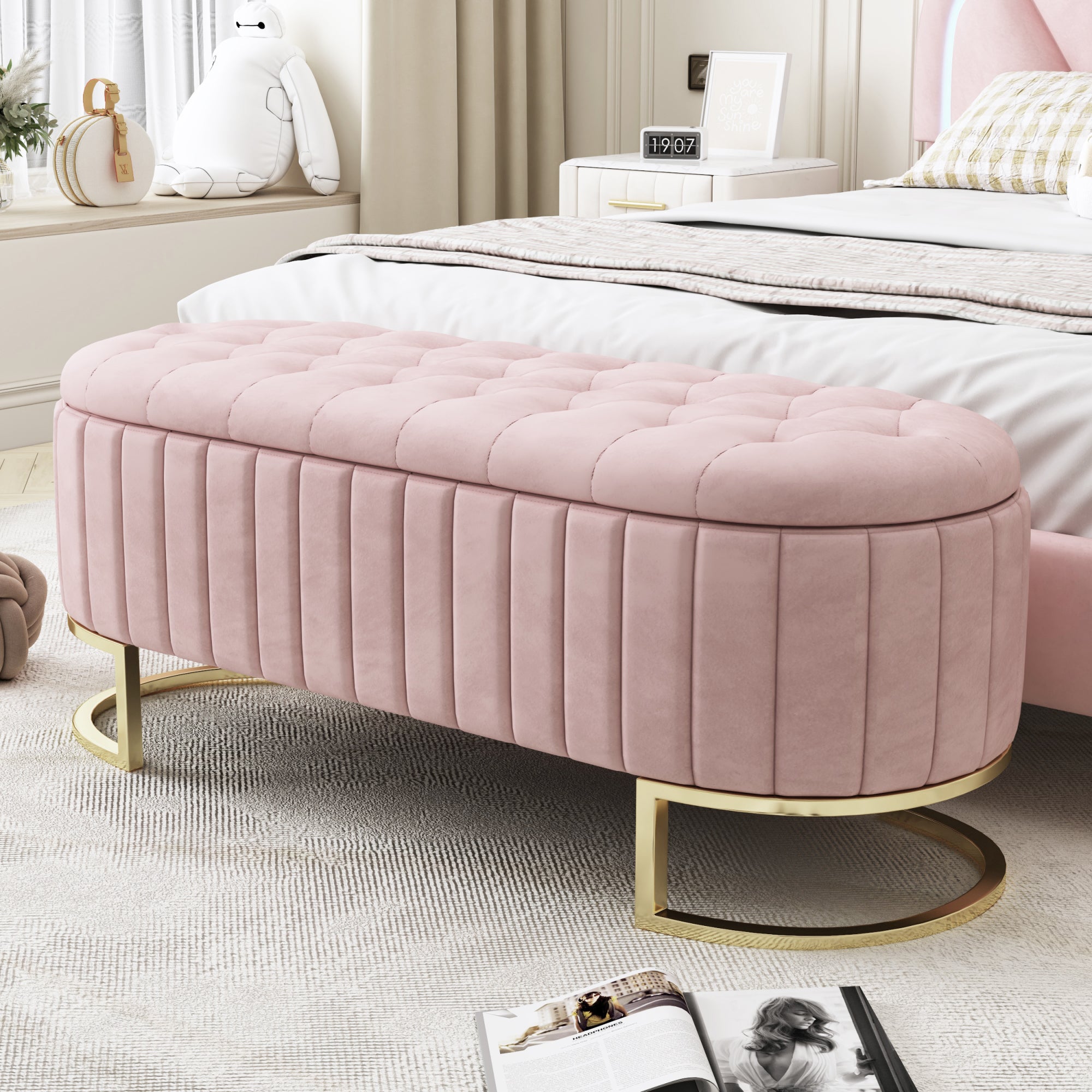 Storage Bench and Footstool with Storage Space, 120 x 40 cm, Pink Velvet Fabric