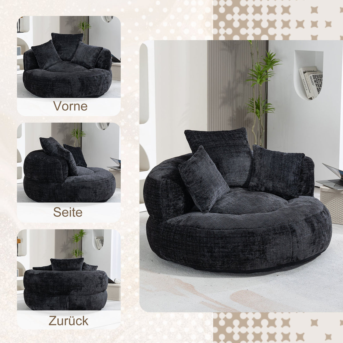 Lazy Sofa High Back Beanbag Chair with Three Cushions, Indoor/Outdoor, Black Chenille