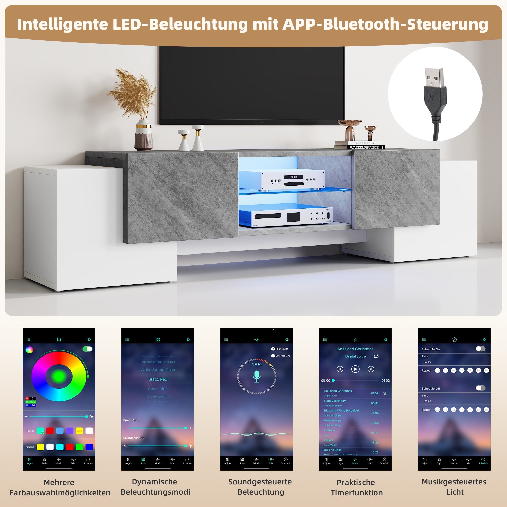TV Cabinet 180*40*46.5cm, Lowboard with Bluetooth LED, White & Gray