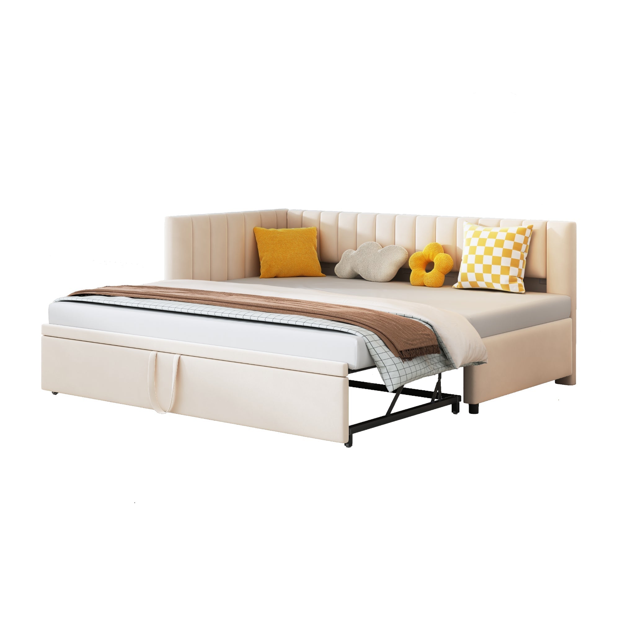 Sofa Bed, L-shaped Pull-out 90/180*200cm, Velvet Beige