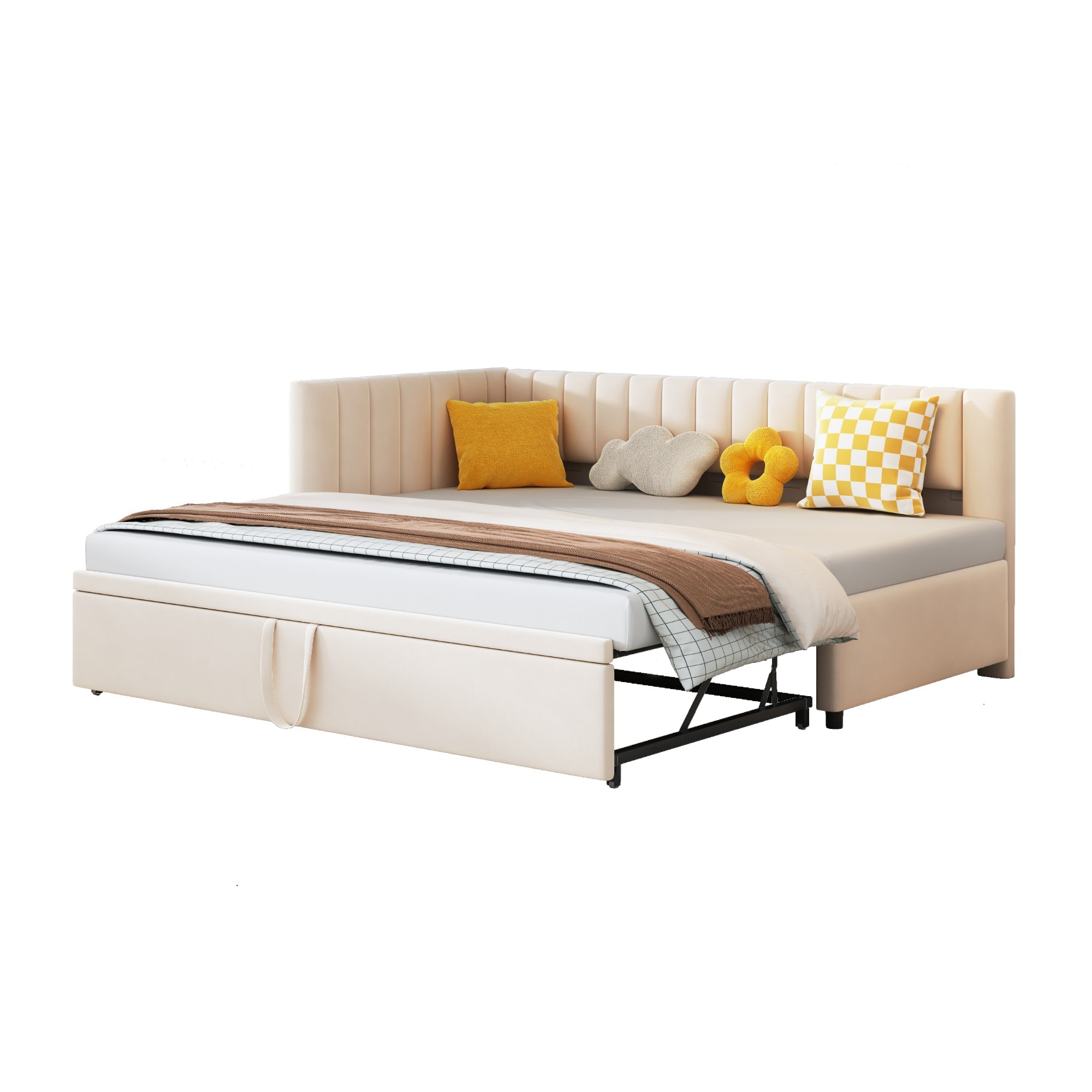 Multifunctional L-shaped Sofa Bed with Pull-Out Bed 90/180x200cm, Velvet Beige