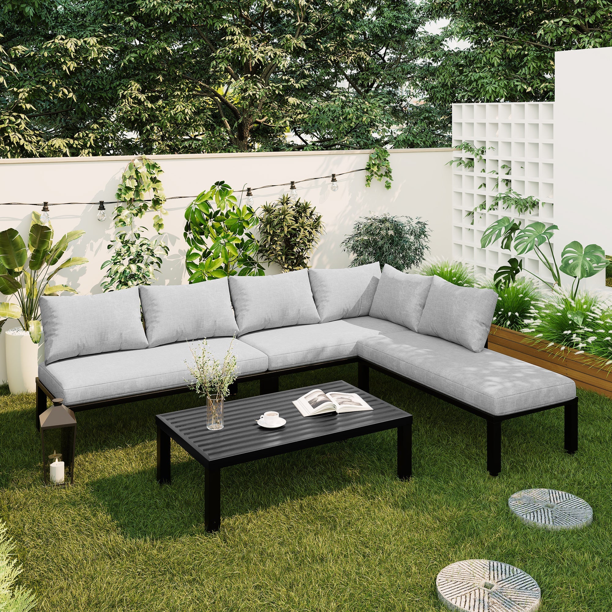 Garden Dining Set, 6-Seater Modular Lounge with Adjustable Legs and Removable Backrest, Grey Galvanized Iron