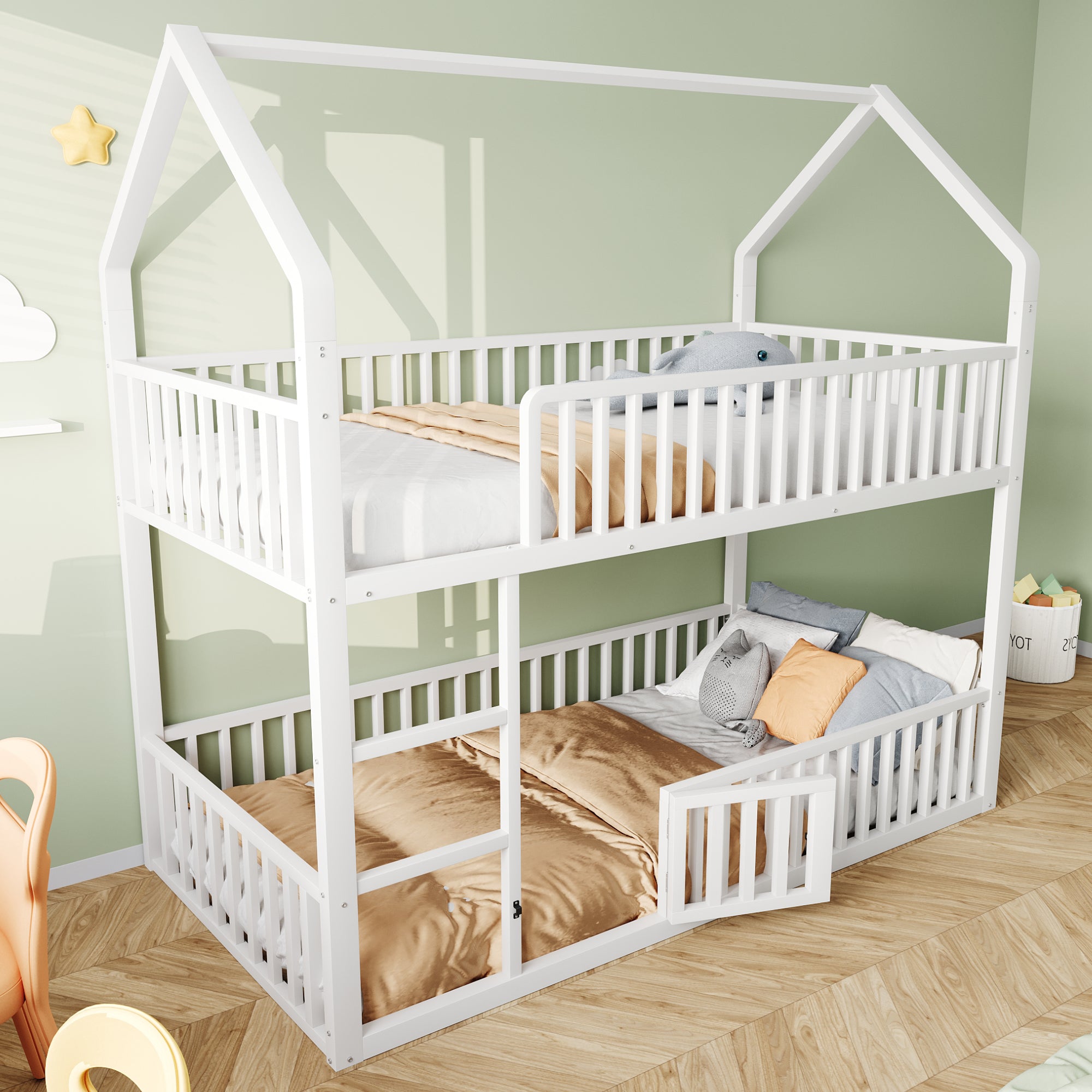Children's Bunk Bed 90*200, Loft Design with Stairs, White Metal