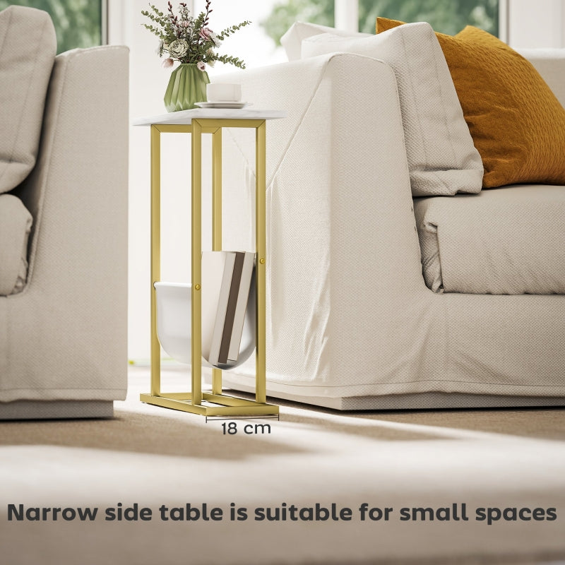 Narrow Side Table End Table Nightstand with Magazine Holder, White Marble Grain