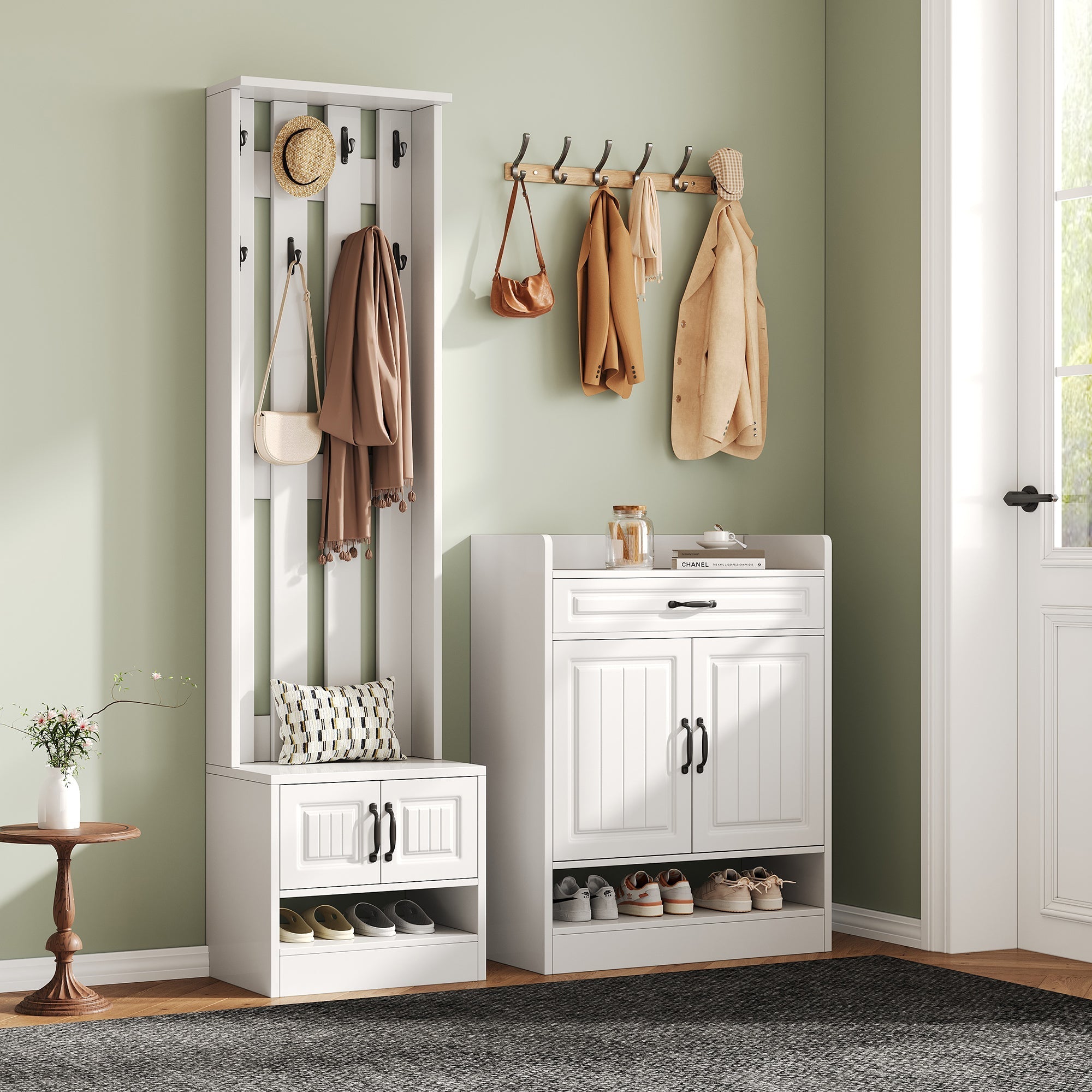 Wardrobe Set with Shoe Bench & Rack, 8 Hooks, 4 Doors, 1 Drawer - White