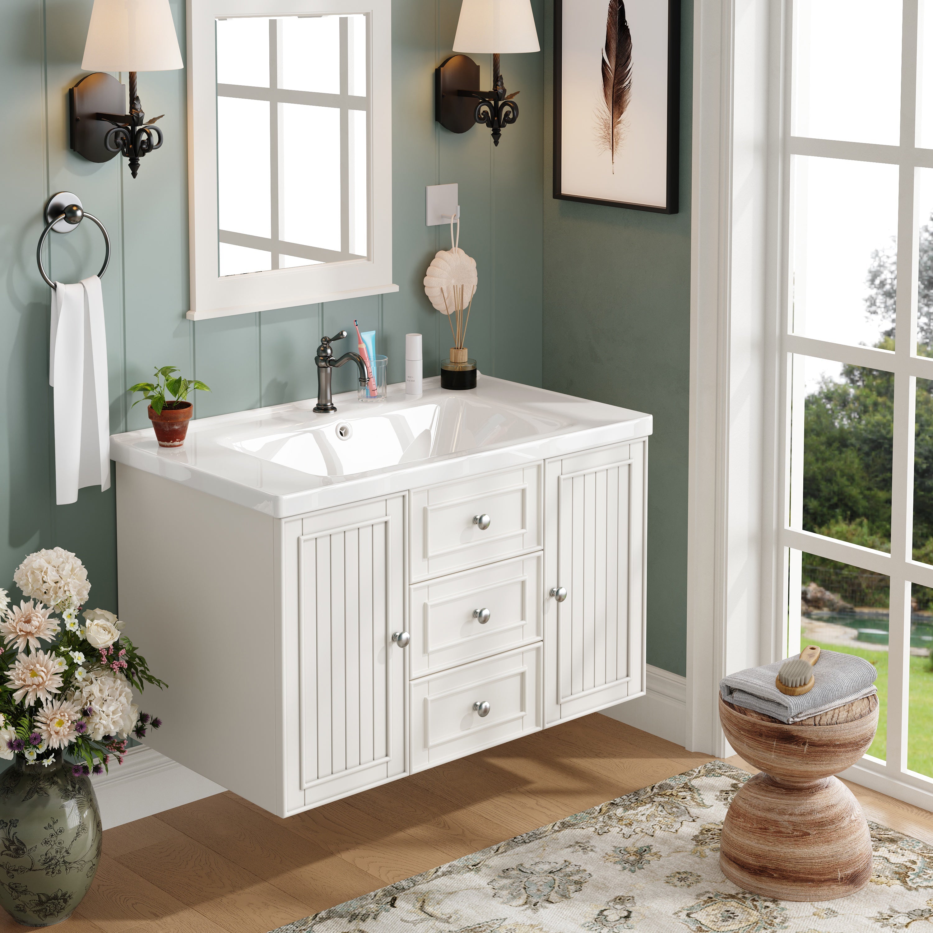 Wall-Mounted Vanity Unit 78.5cm With Sink 3 Drawers - White