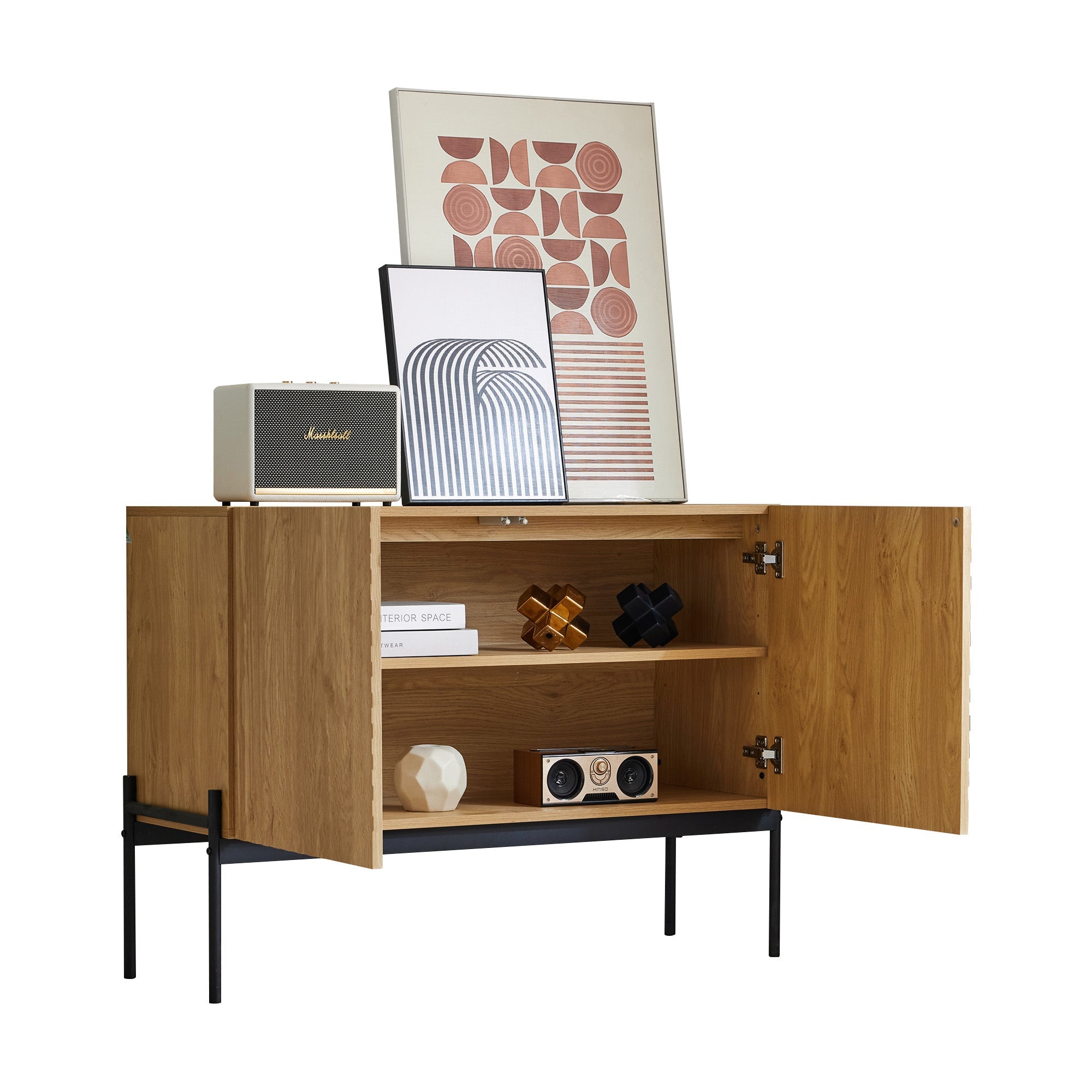 Sideboard with 2 doors and metal legs, linear design, 75x100x40 cm, aluminum