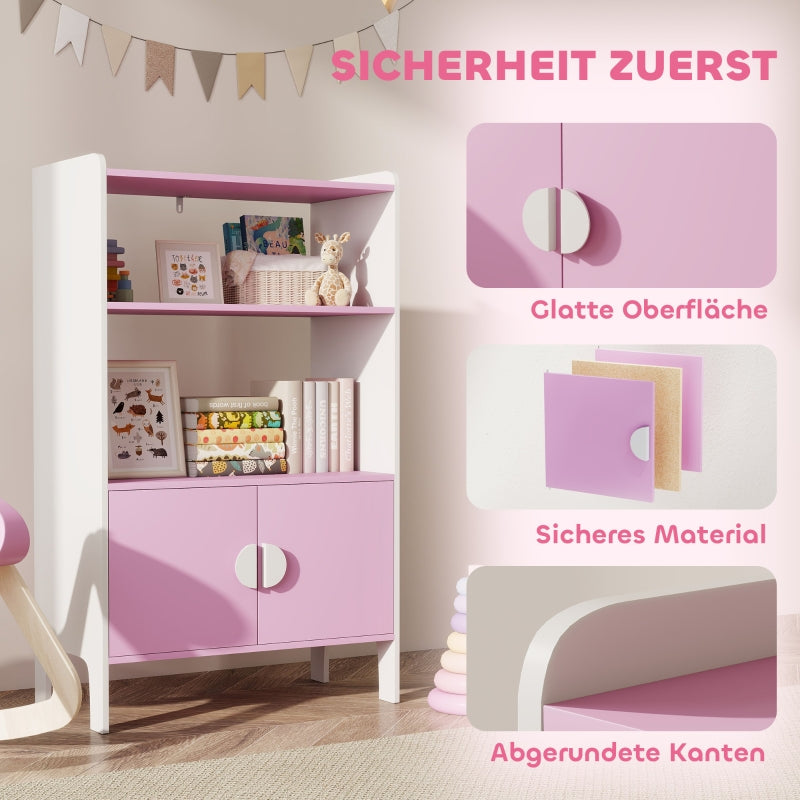 Kinderbücherregal, 2 Ablagen 2 Schränke freistehend, Pink+Weiß MDF