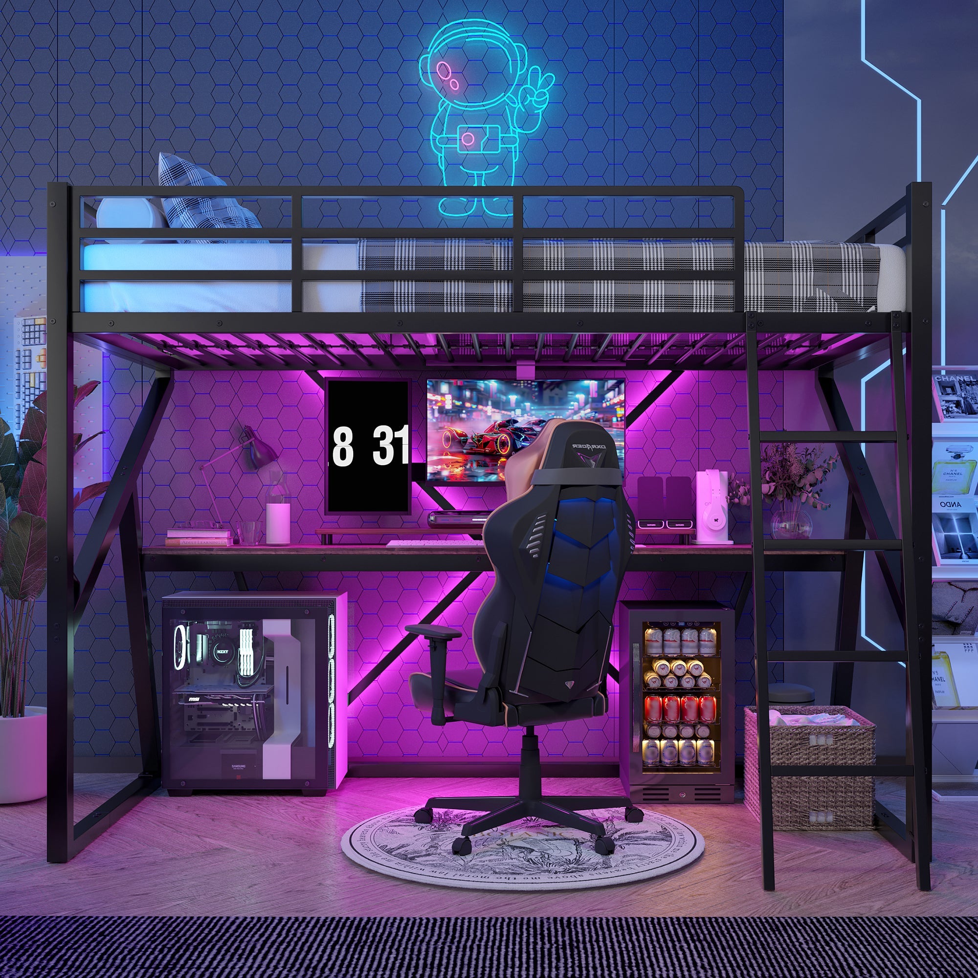 Loft Bed 90x200cm LED Strip Desk Iron Frame Black