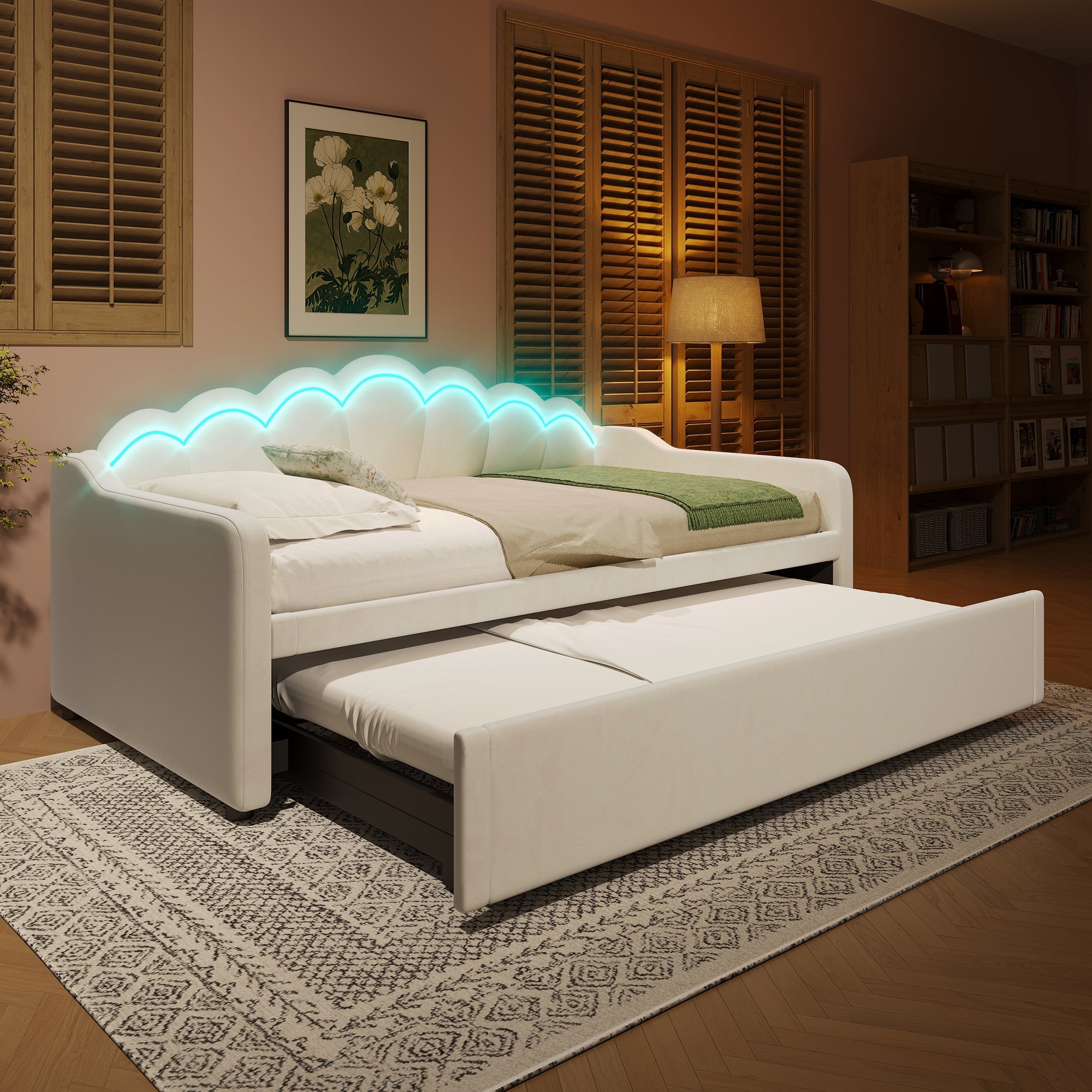 Daybed Sofa Bed Pull-out Double Bed LED 90/180x200cm - Velvet Beige