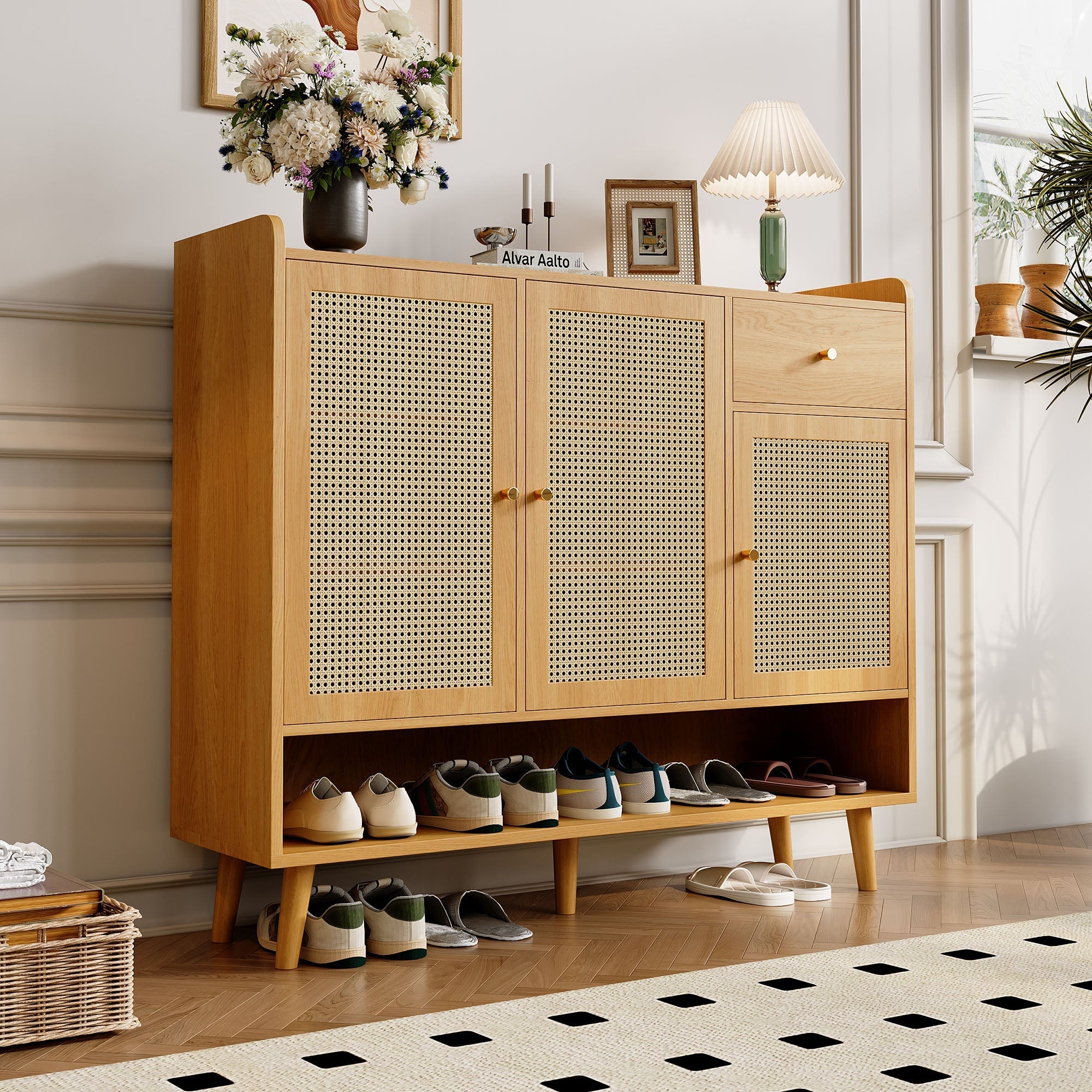 Natural rattan shoe cabinet, 3 doors, 1 drawer, 5 shelves