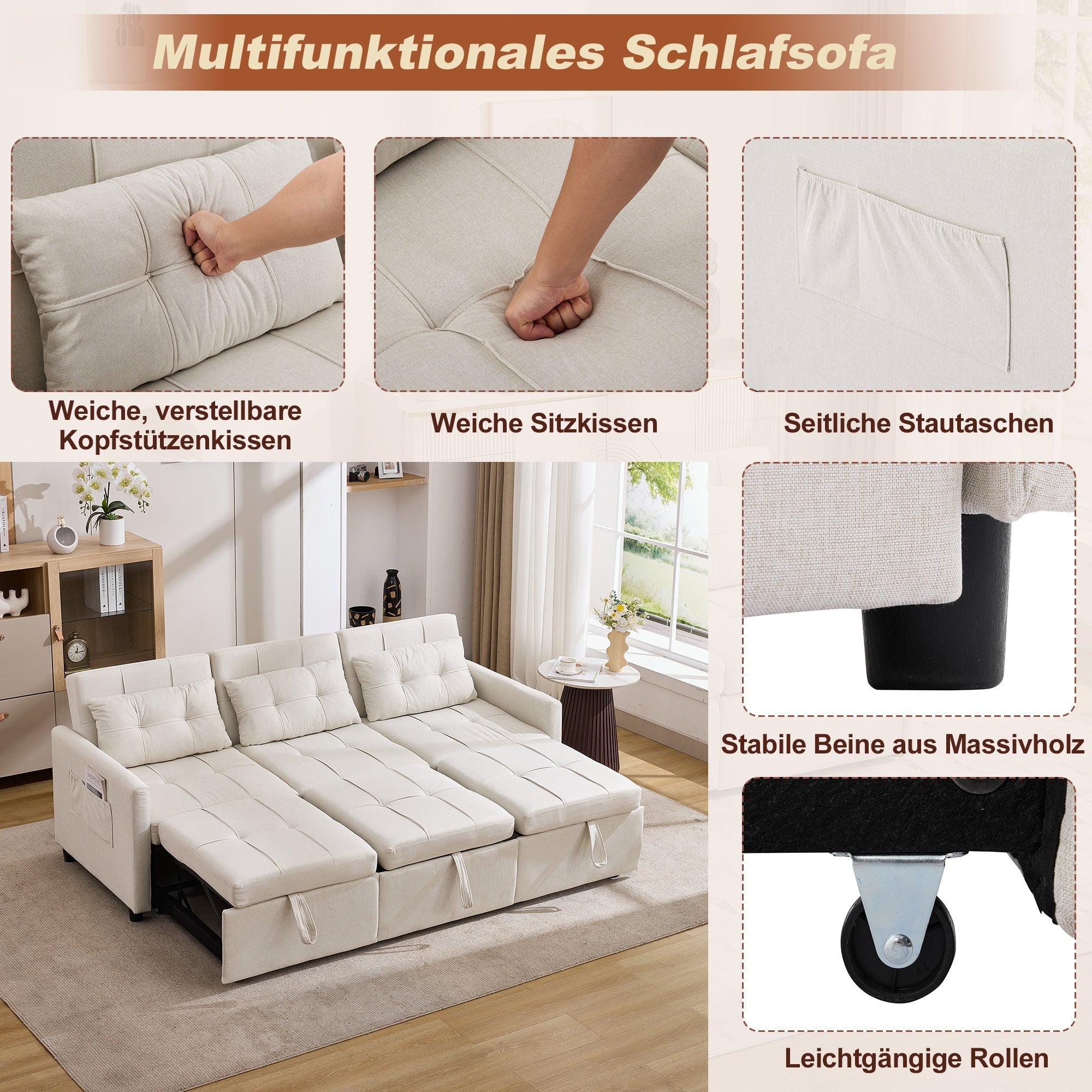 3-Seater Sofa Bed Adjustable Back Storage L-Shape - Beige