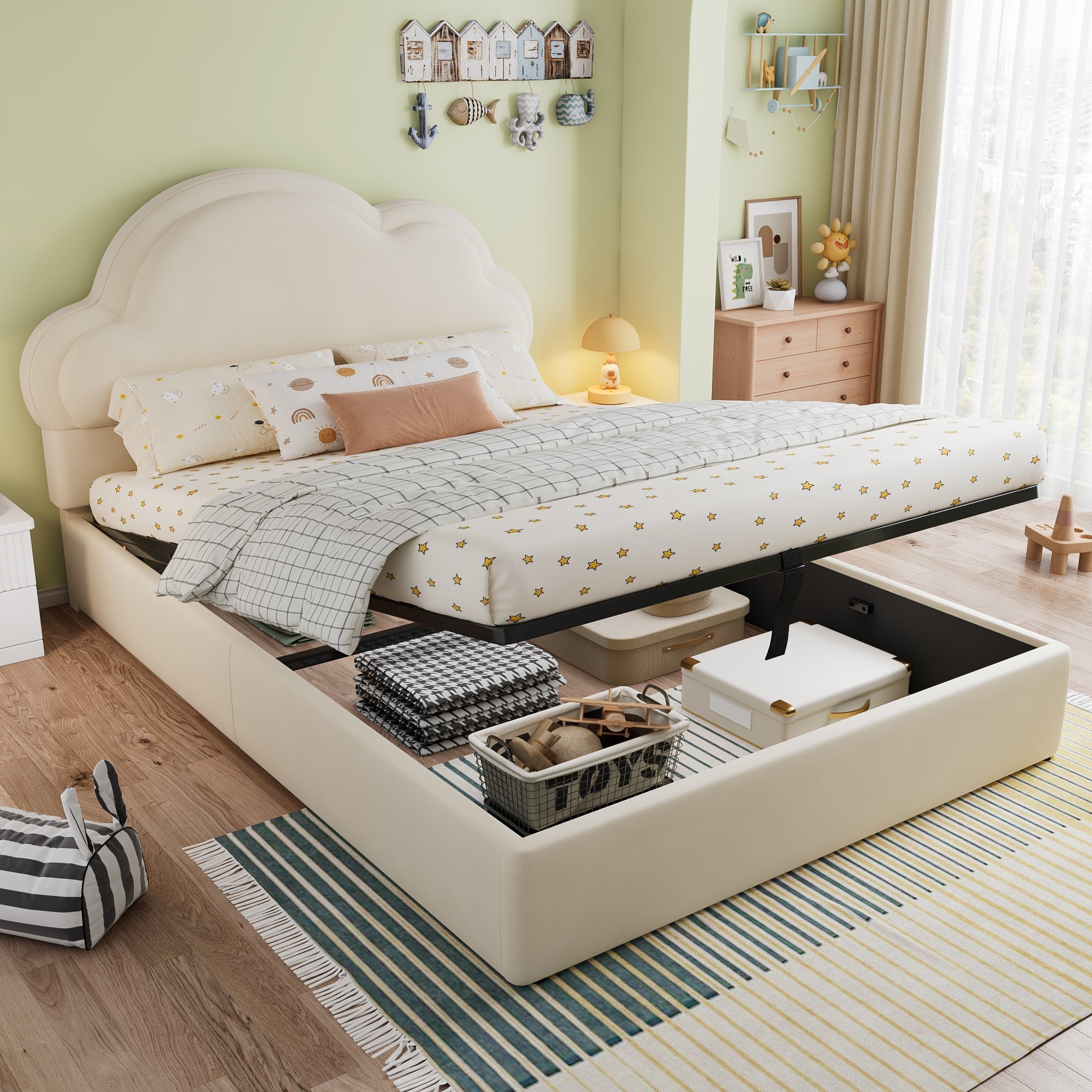 Upholstered Bed Hydraulic Storage Double 4ft6 Cloud Velvet Beige