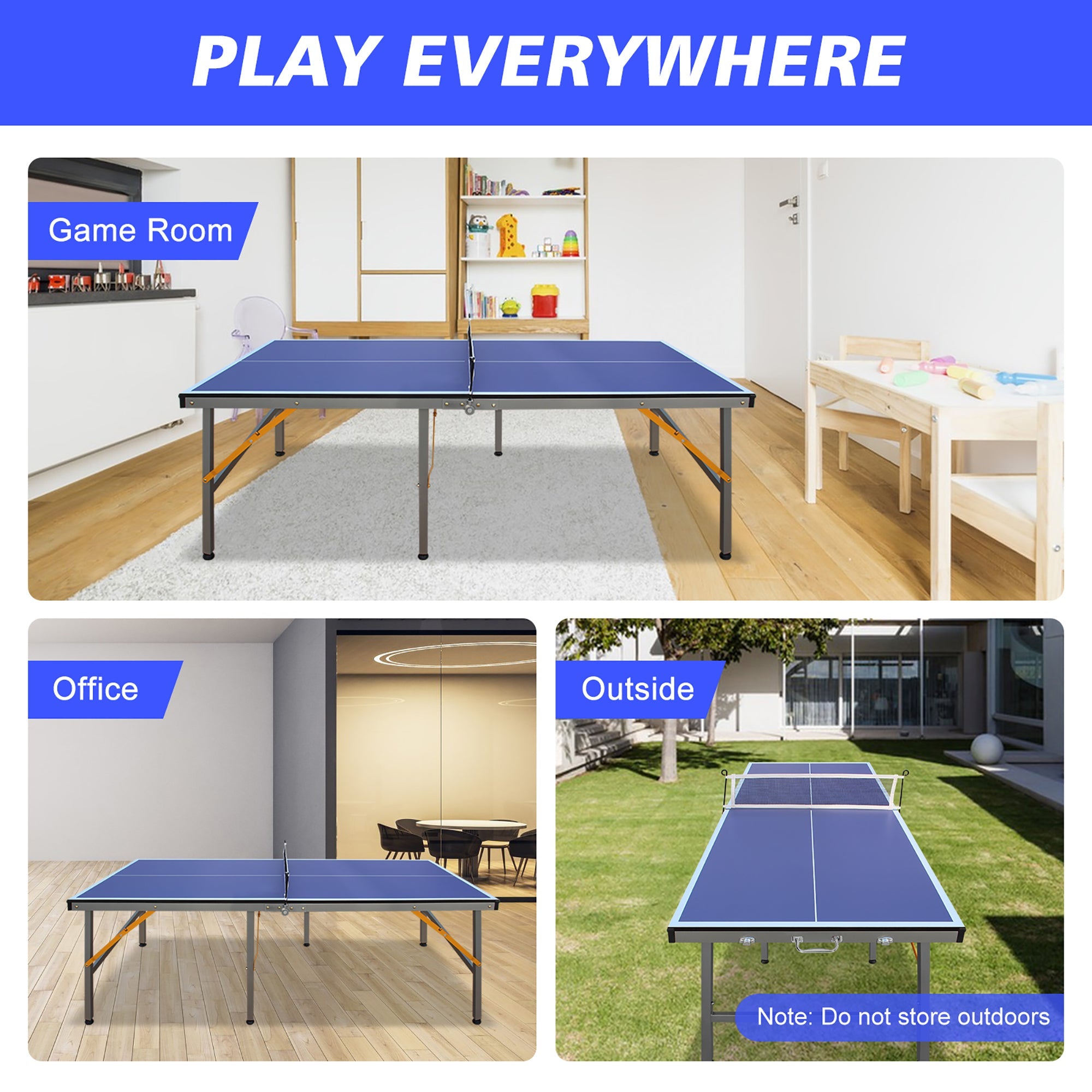Foldable Ping Pong Table with Net & Paddles Set, Indoor/Outdoor, Blue