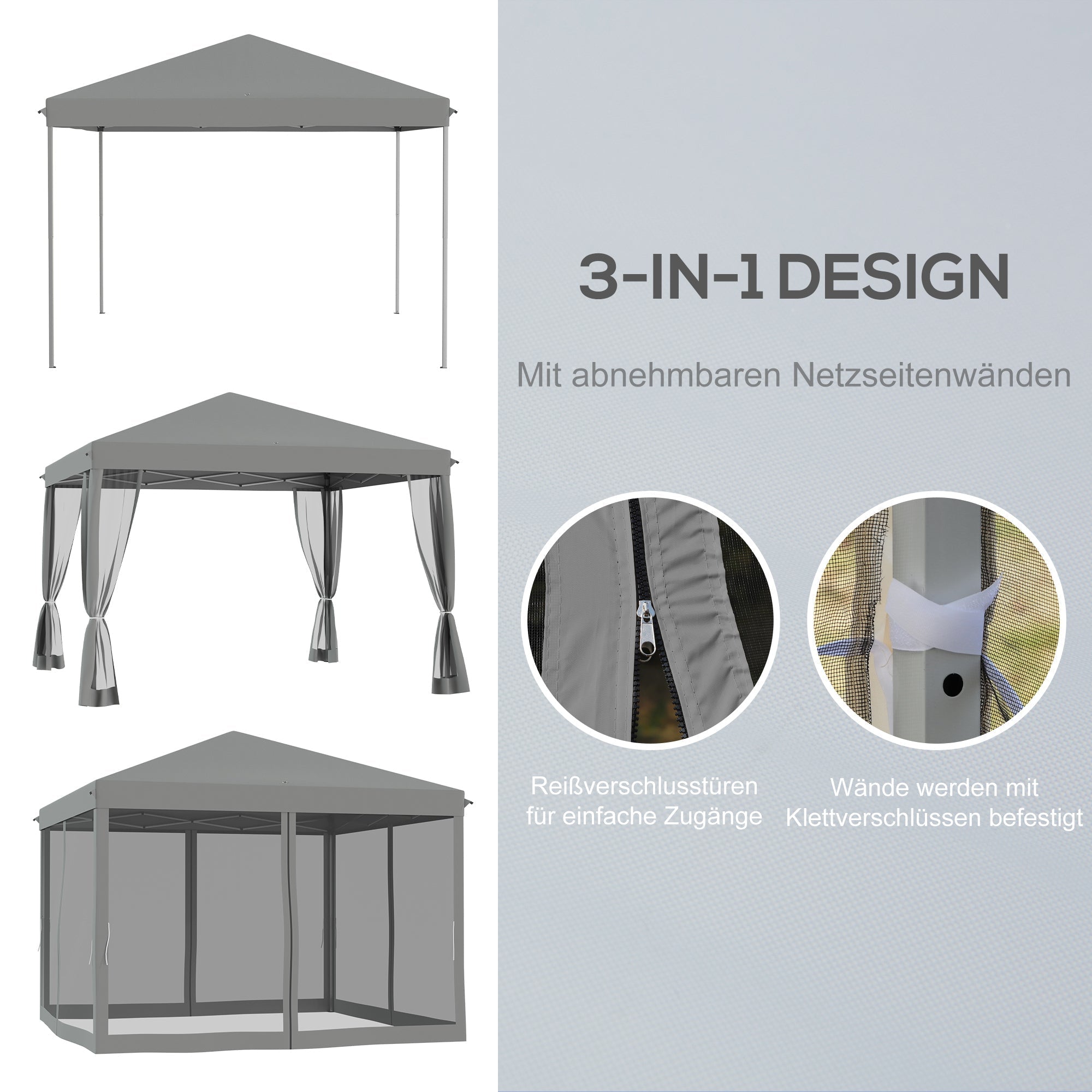 Folding Pavilion/Tent 3x3m Side Walls Carrying Bag Metal Oxford Light Grey/Black