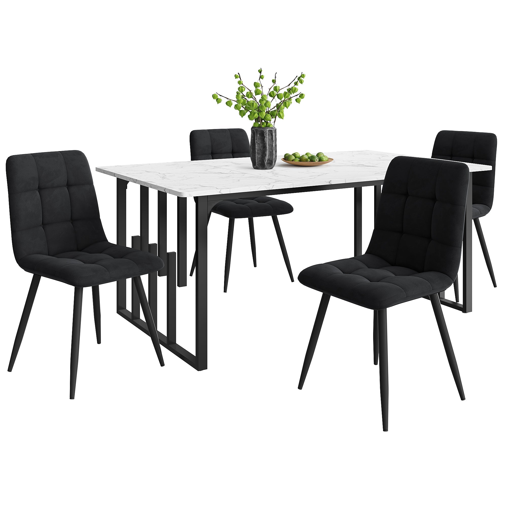 Dining Set (5-piece), 140x80cm Table with Black Metal Legs, White MDF & Black Velvet