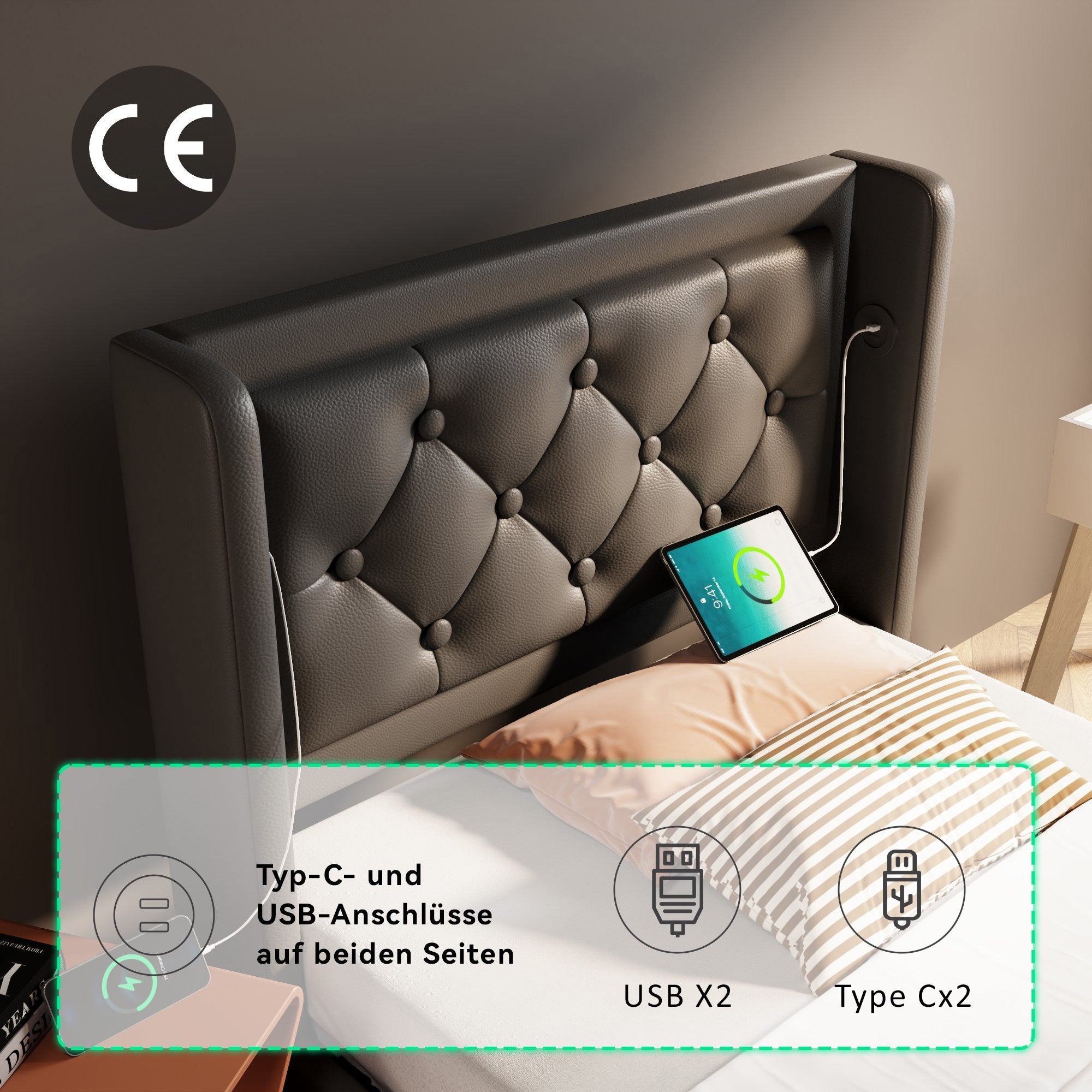 Upholstered Bed, 90x200cm Hydraulic Storage with USB, LED, Black PU